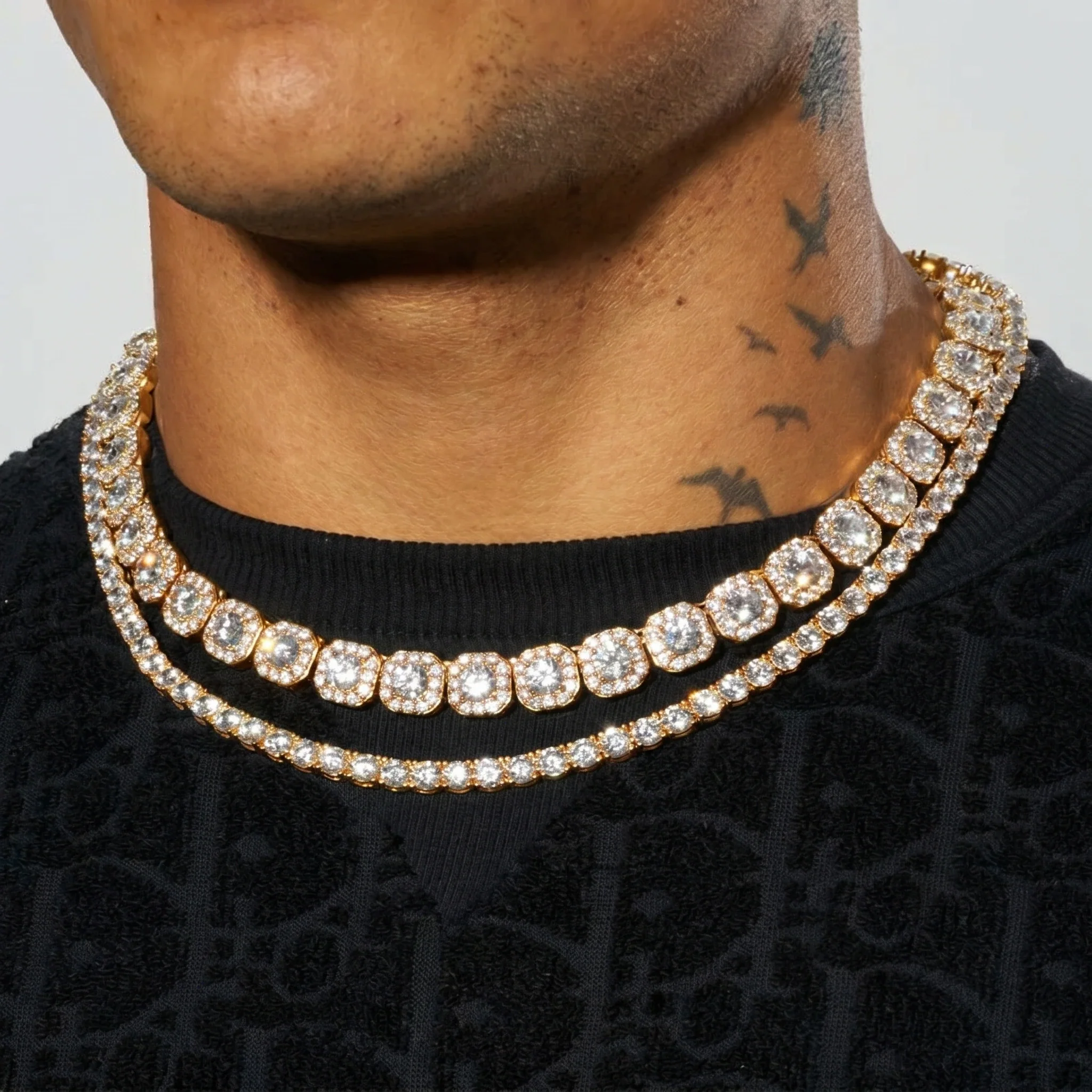 10mm Moissanite Clustered Tennis + 5mm Moissanite Tennis Chain Bundle - 18k Gold - D Color - IF - Bundle - Image 2
