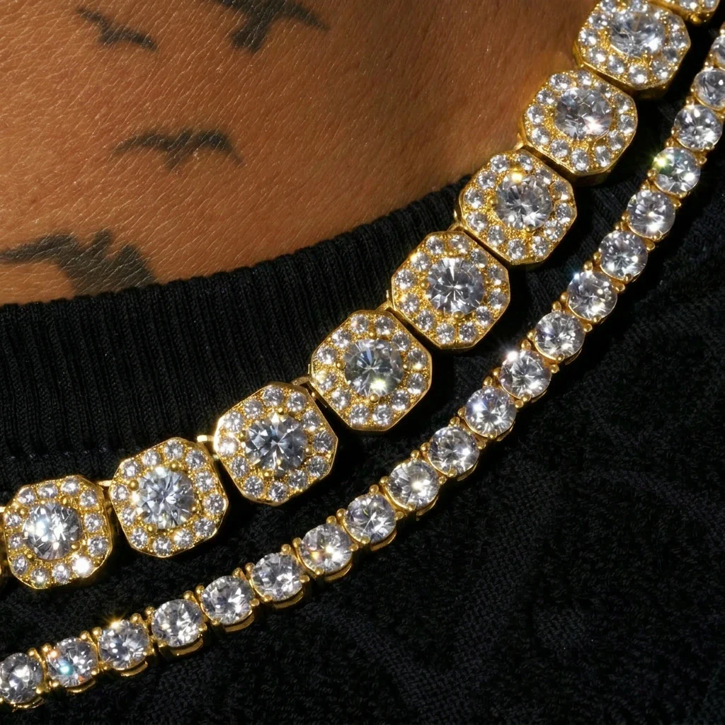 10mm Moissanite Clustered Tennis + 5mm Moissanite Tennis Chain Bundle - 18k Gold - D Color - IF - Bundle - Image 3