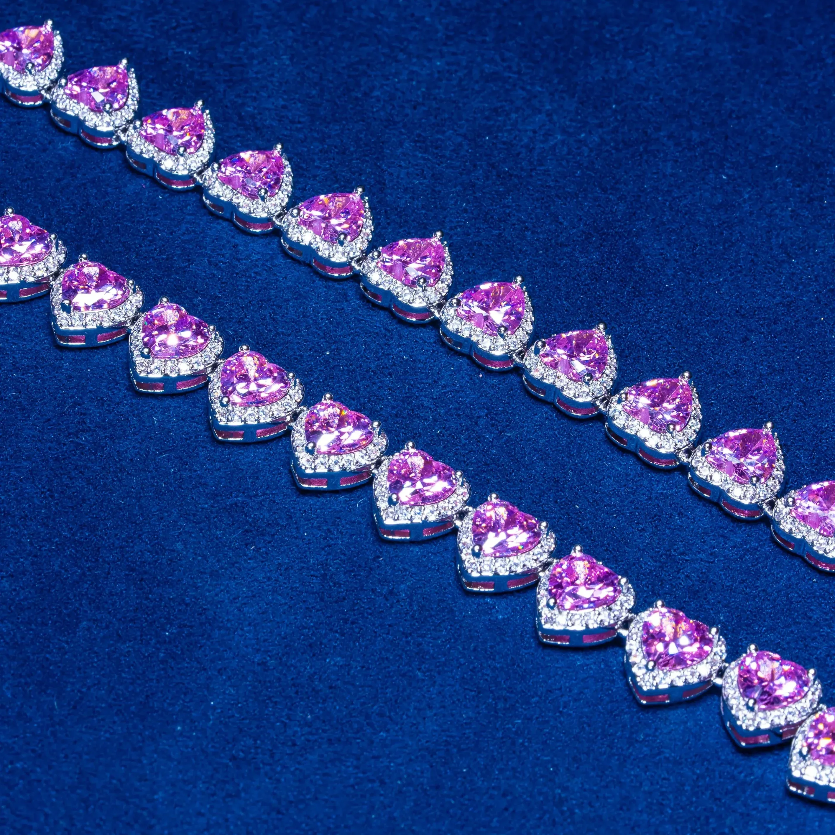 10mm Pink Moissanite Gemstone & White Heart Chain - Silver - D Color - IF - Image 5