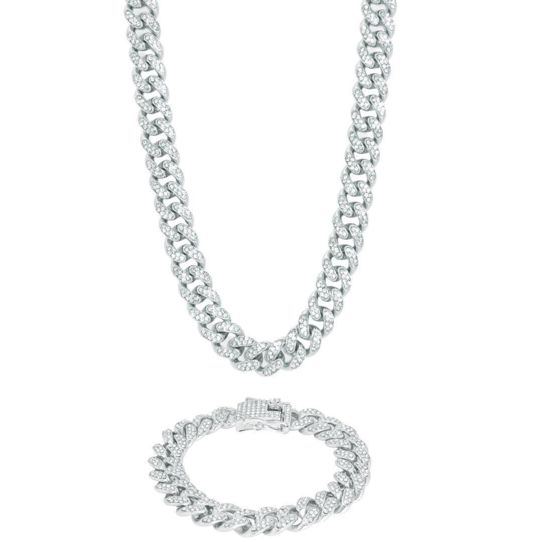 12.5mm Moissanite Cuban Chain + Bracelet - Silver - D Color - IF - Bundle