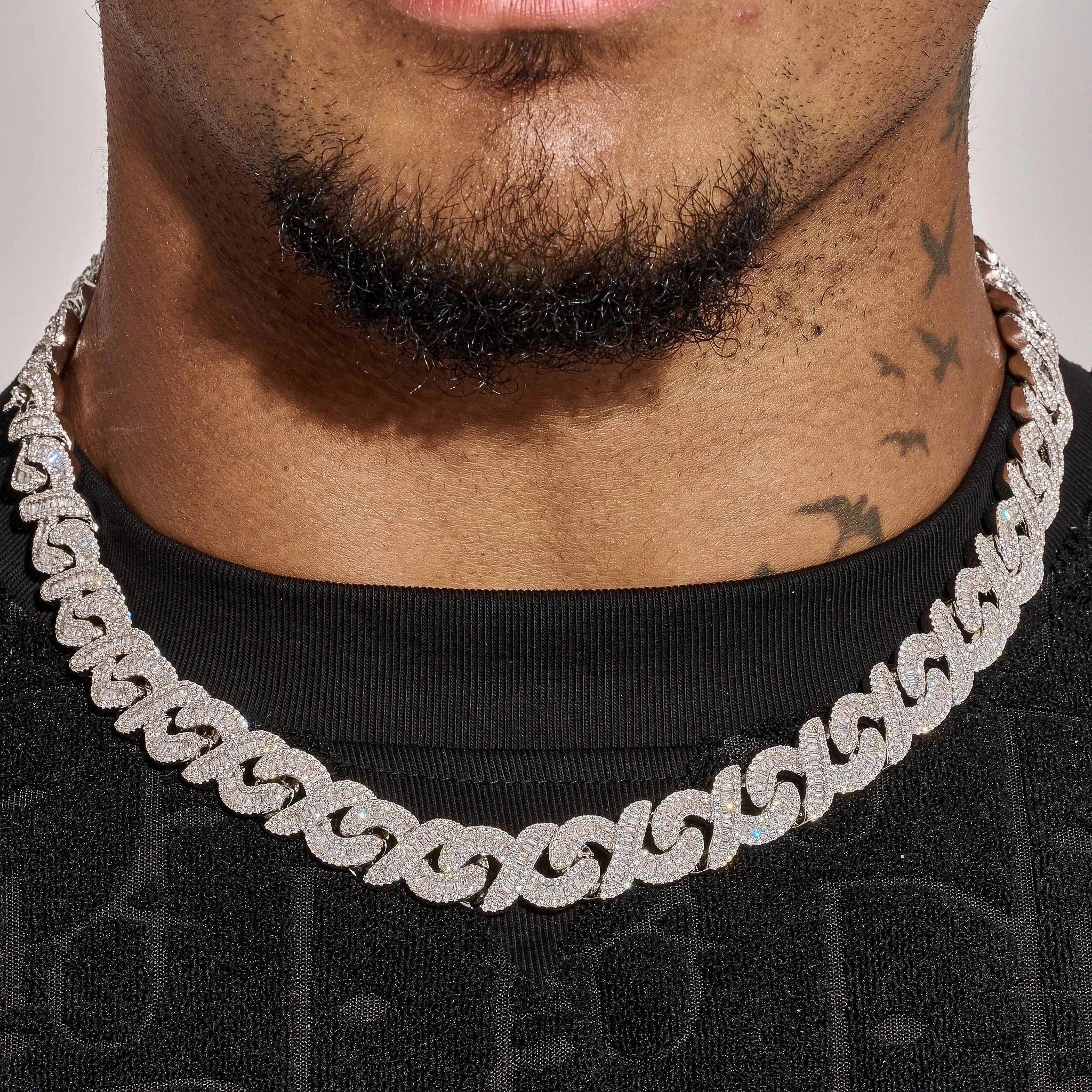 12MM Moissanite Iced Out Baguette Infinity Link Chain - Silver - D Color - IF