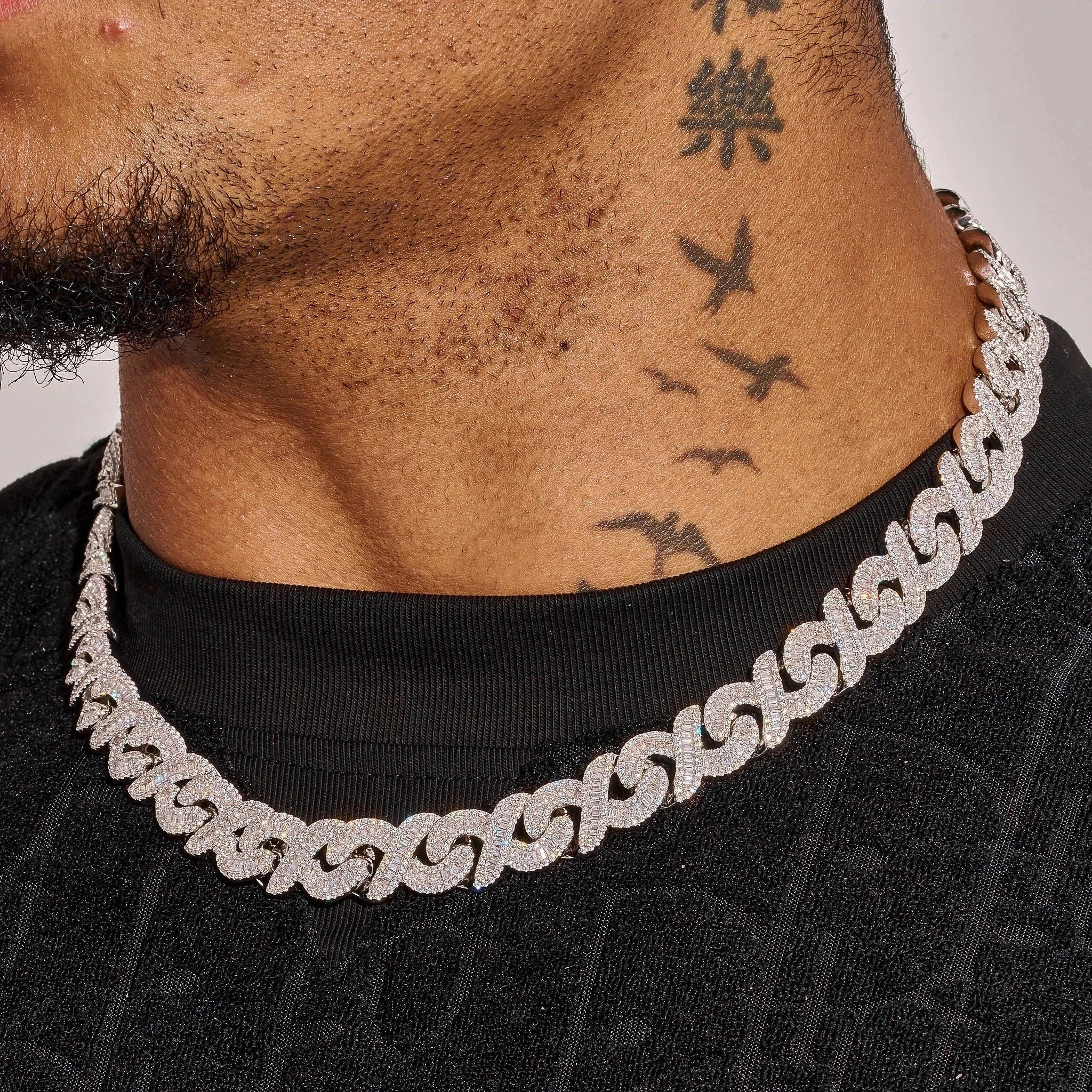 12MM Moissanite Iced Out Baguette Infinity Link Chain - Silver - D Color - IF - Image 2