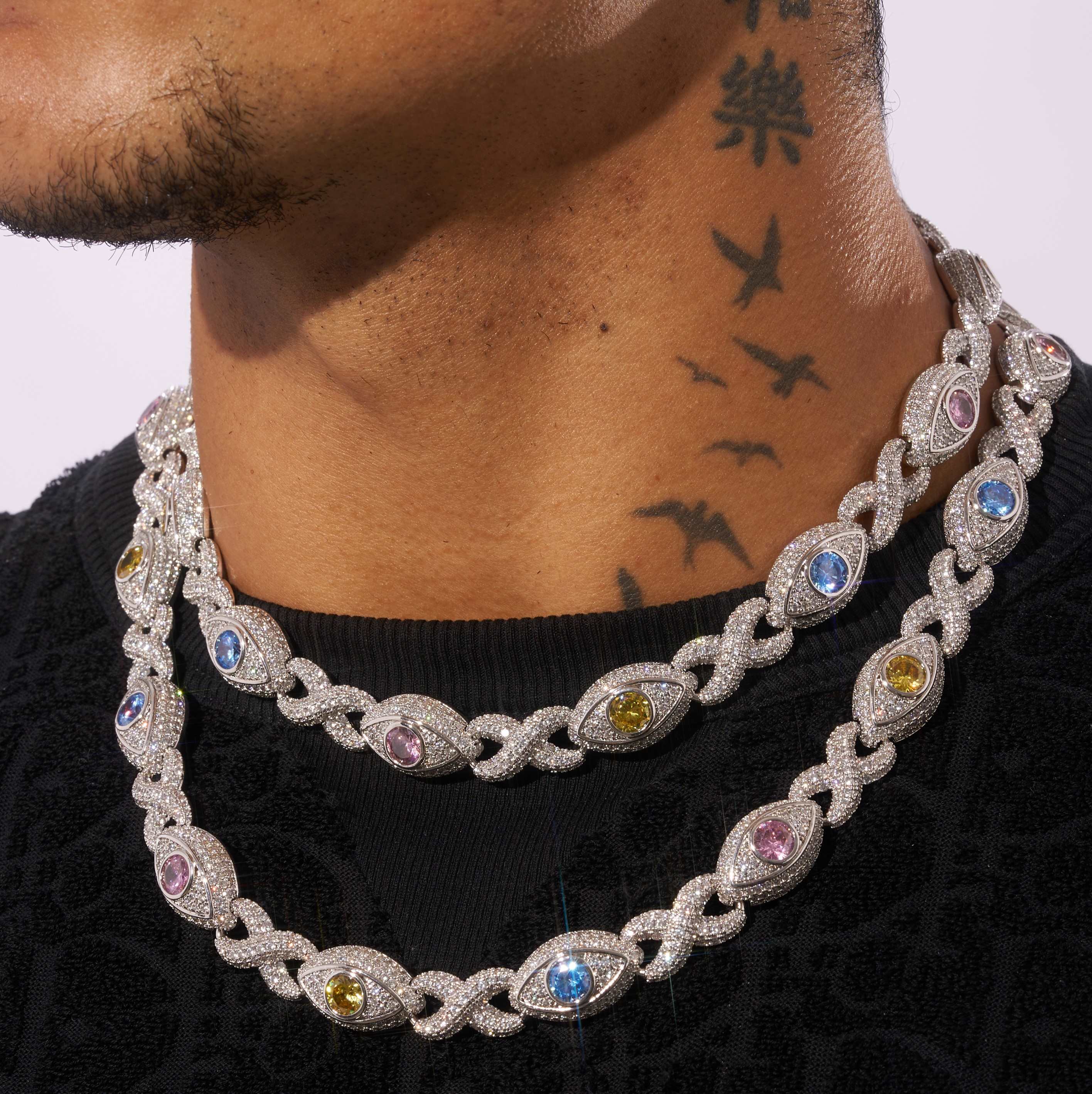14MM Moissanite Multi Gemstone Evil Eye Eternity Chain - Silver - D COLOR - VVS1 - Image 3