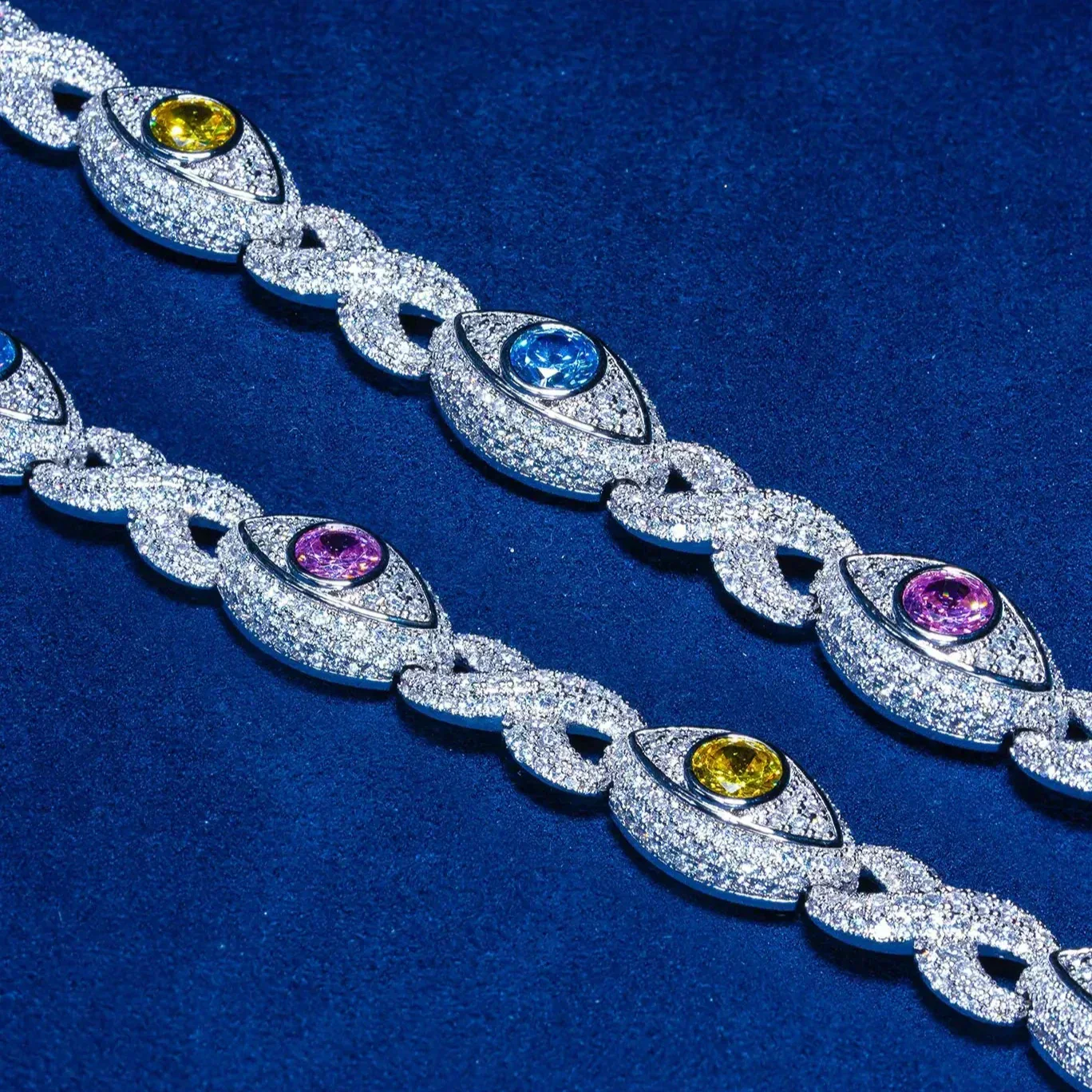 14MM Moissanite Multi Gemstone Evil Eye Eternity Chain - Silver - D COLOR - VVS1 - Image 5
