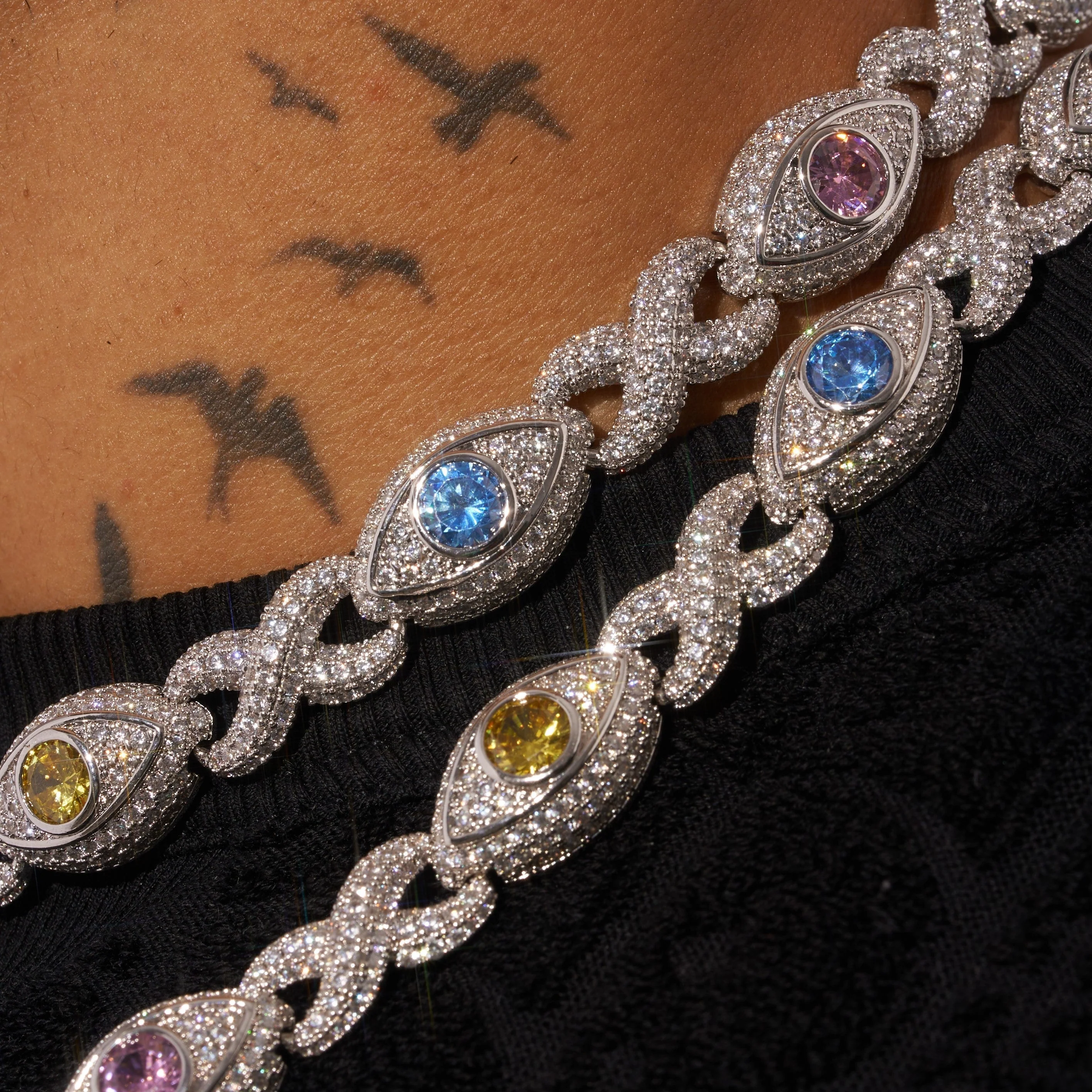 14MM Multi Gemstone Evil Eye Eternity Chain - White Gold - Image 3