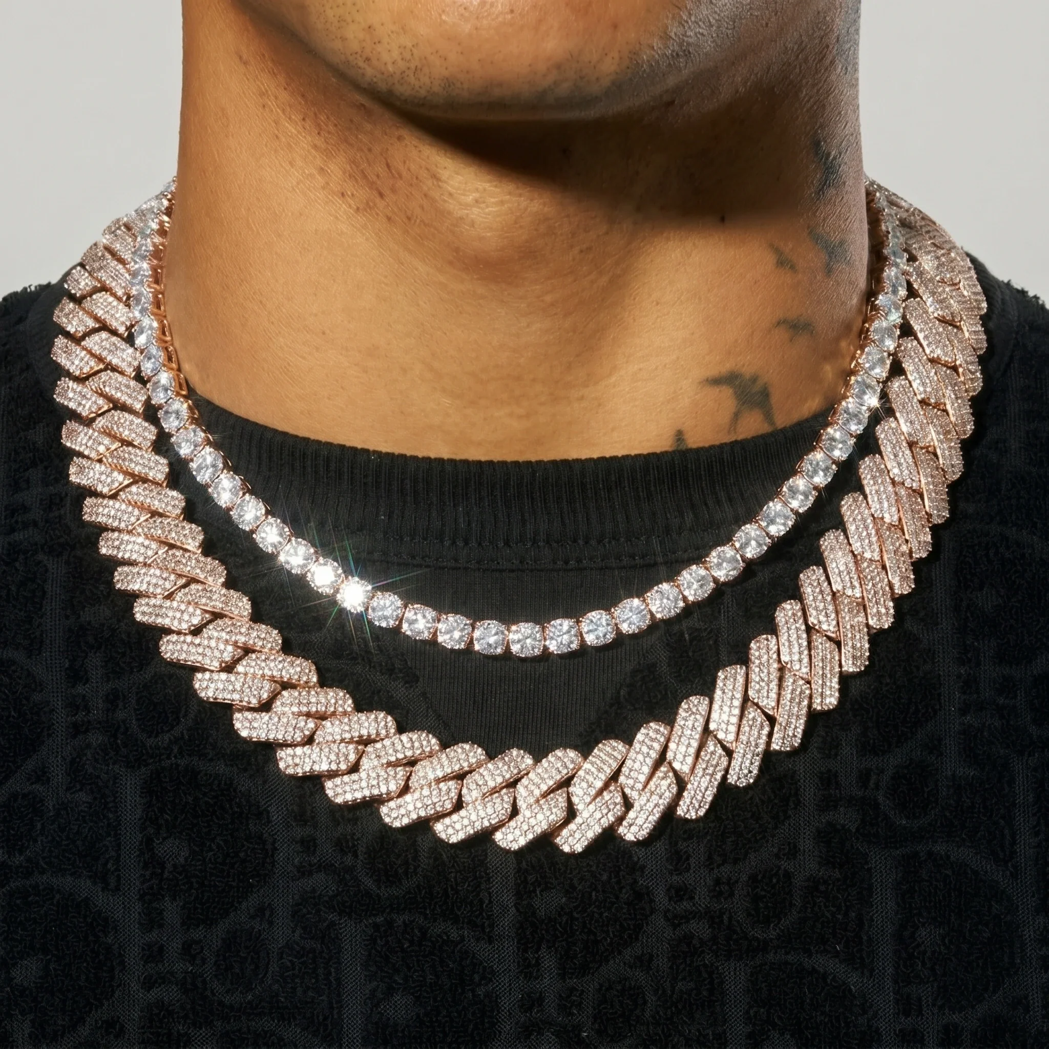 20mm Moissanite Monaco + 5mm Moissanite Tennis Chain Bundle - 18k Rose Gold - D Color - IF - Bundle