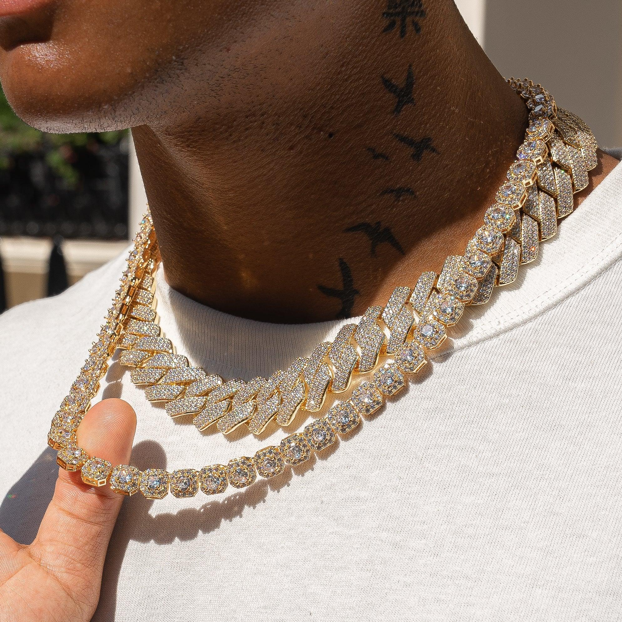 20mm Monaco + 10mm Clustered Tennis Chain Bundle - Gold - Image 2