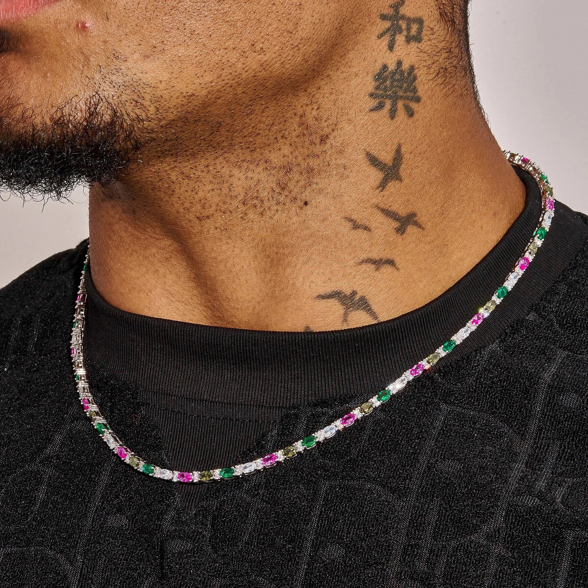 3MM Moissanite Multicolor Mixed Oval Cut Tennis Chain - Silver - D Color - IF - Image 2
