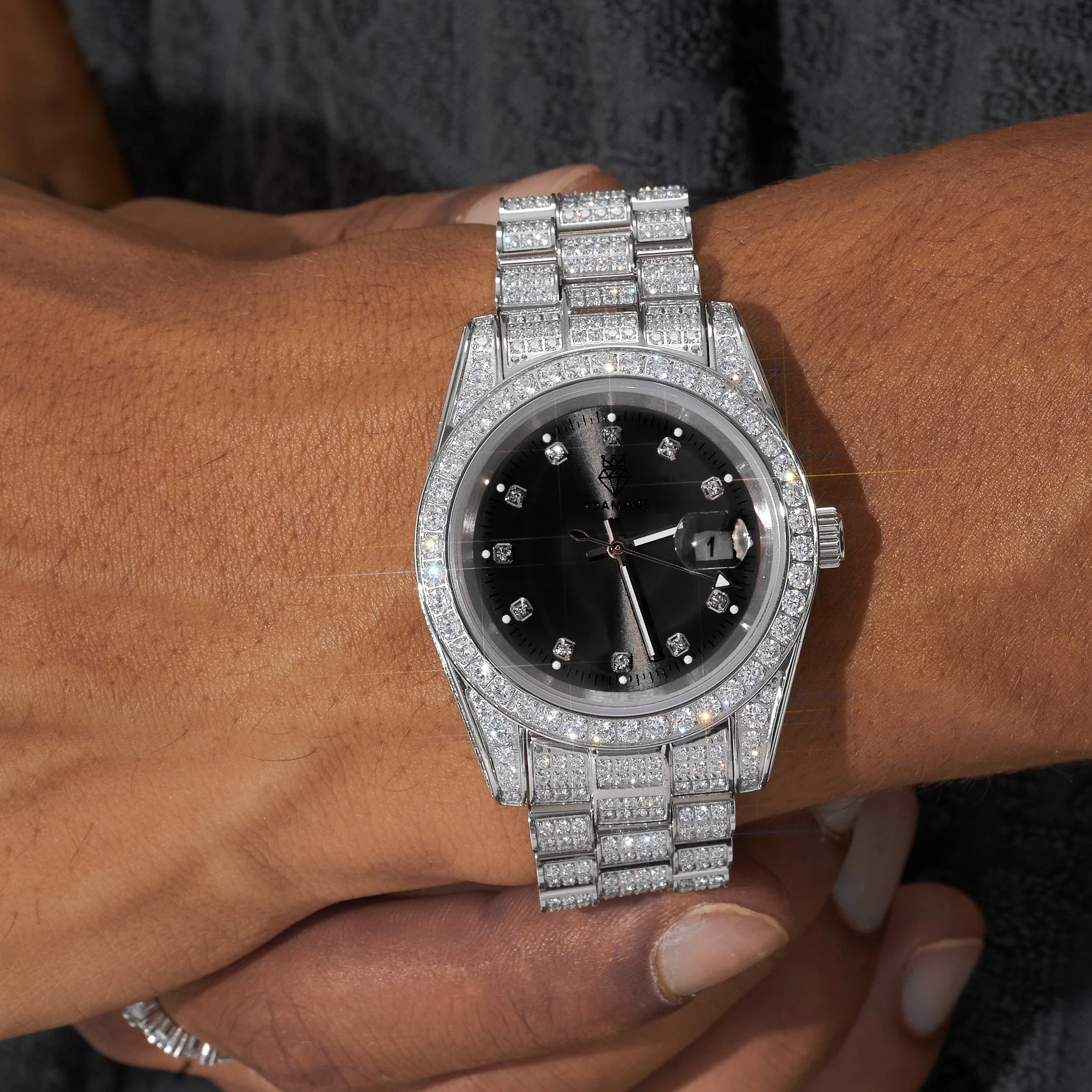 41mm Diamond Presidential Watch - Black Face - White Gold - Image 2