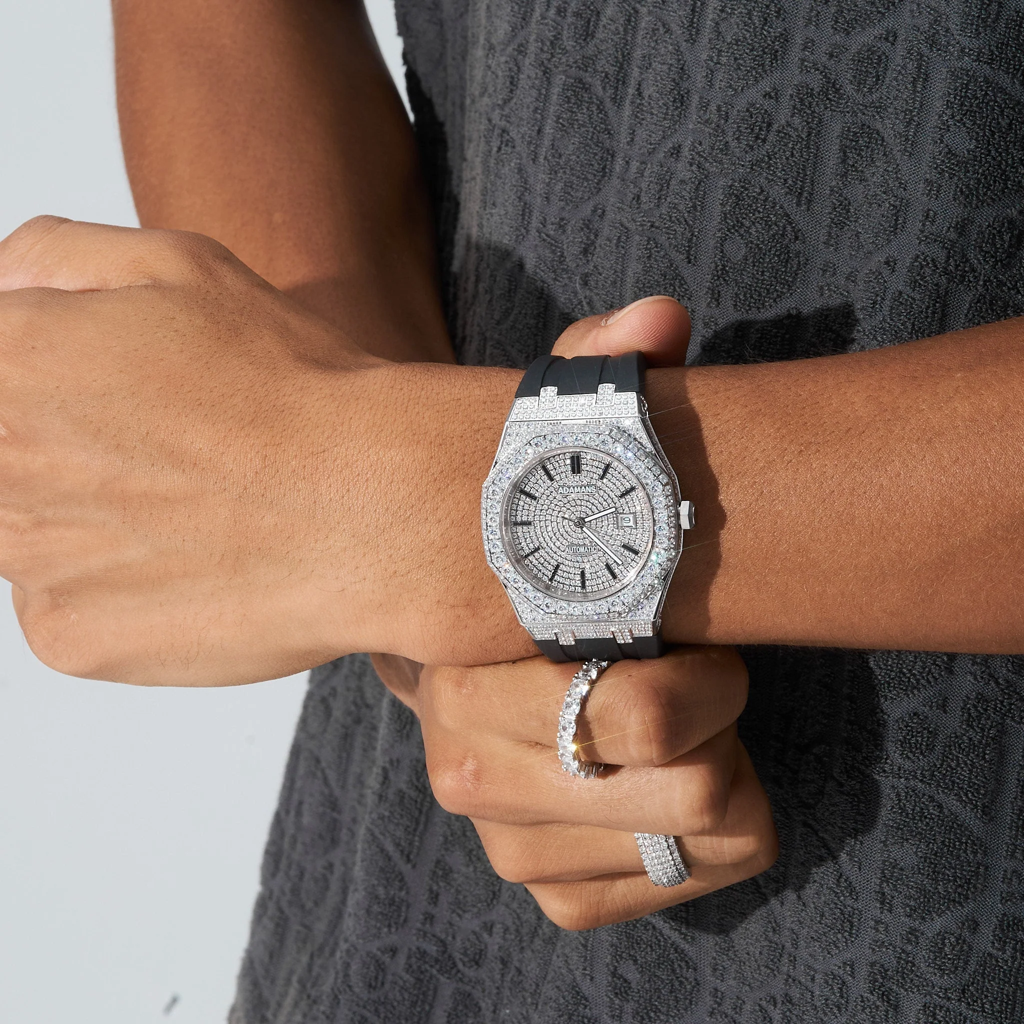 44mm Paved VVS Diamond Silicone Band Watch - White Gold - Image 3
