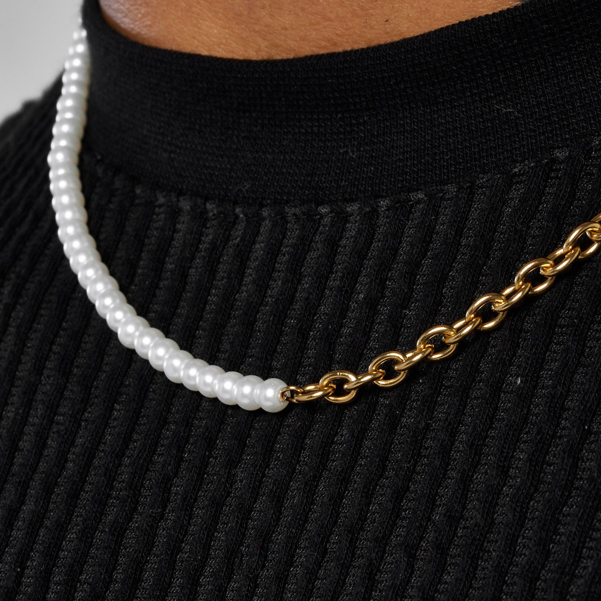 4mm Half Pearl & Rolo Necklace - Gold - Image 3