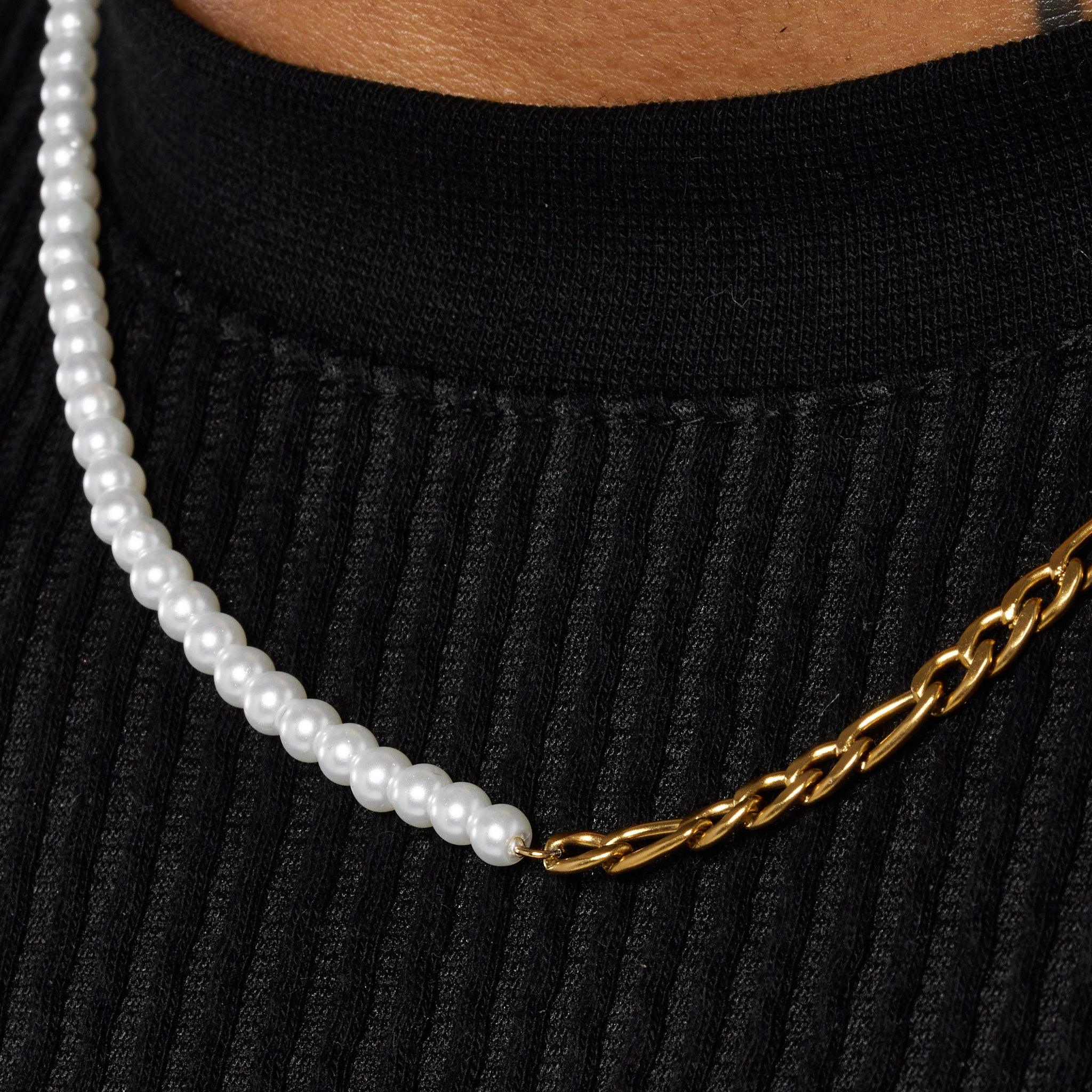 4mm Half Pearl & Figaro Necklace - Gold - Image 2
