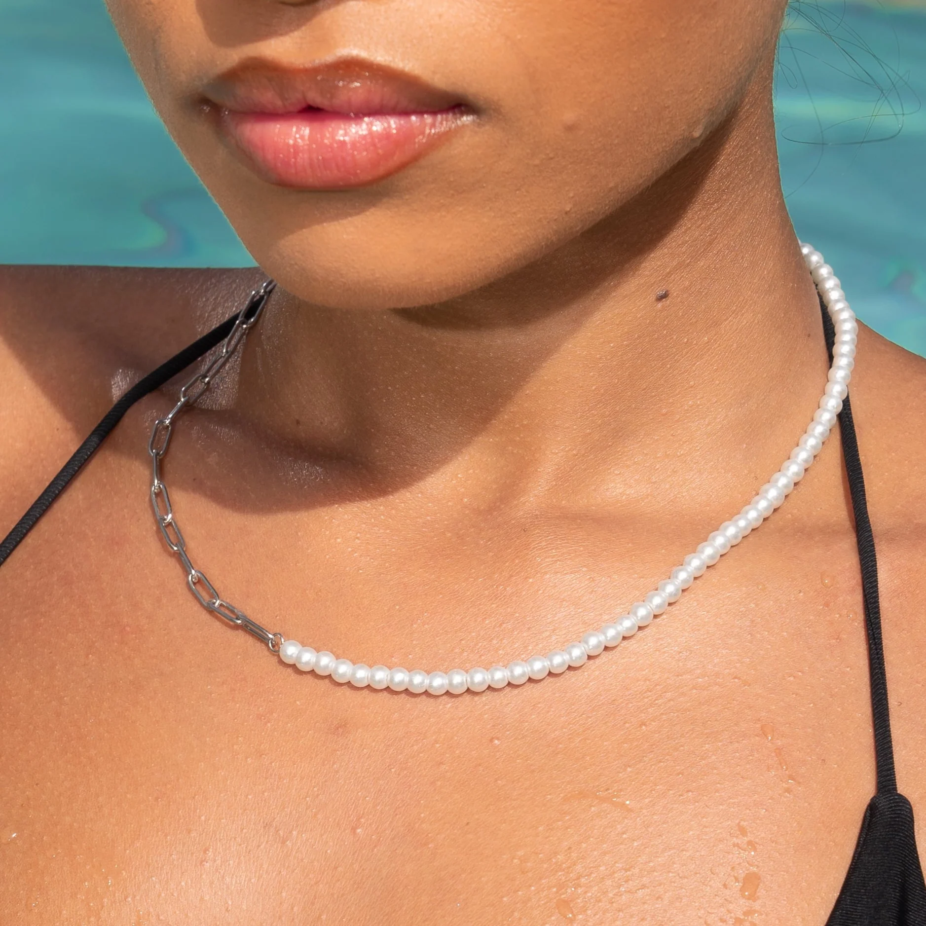 4mm Half Pearl & Large Rolo Necklace - White Gold (WOMENS) - Image 2
