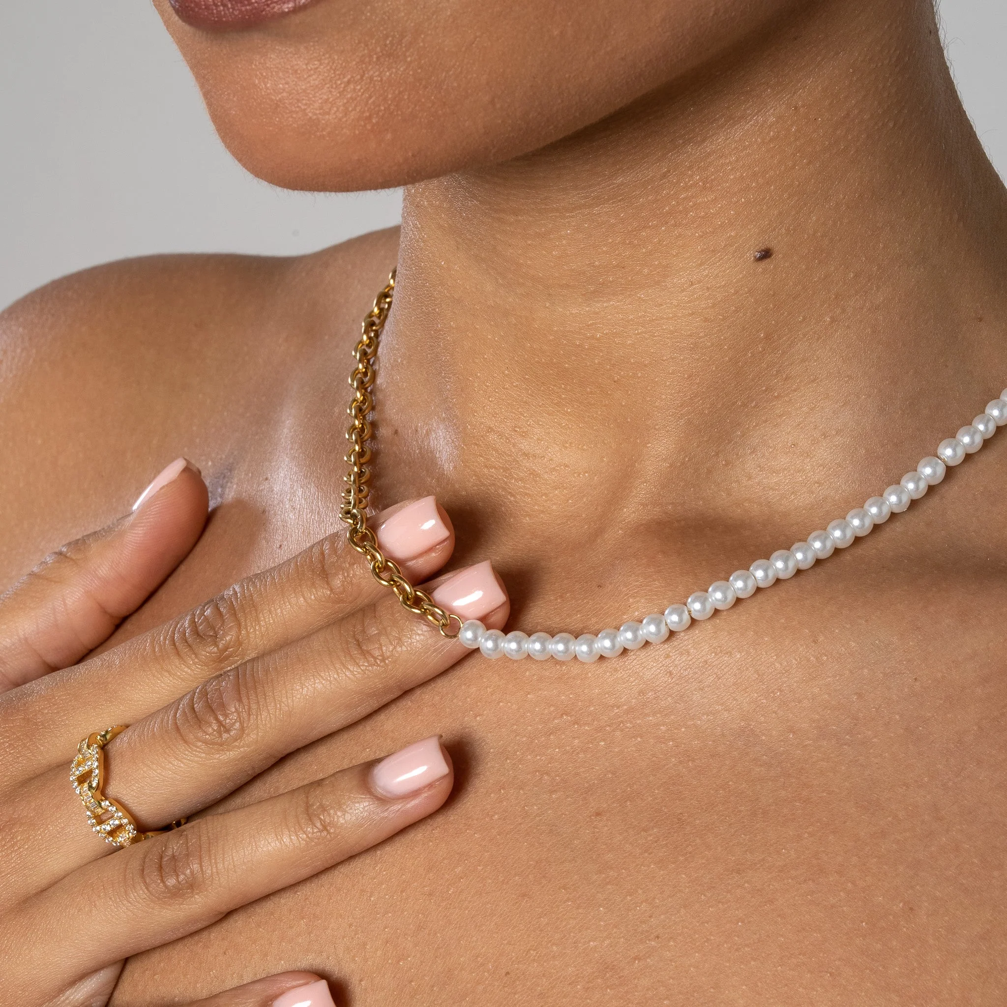 4mm Half Pearl & Cable Necklace - Gold - Image 4
