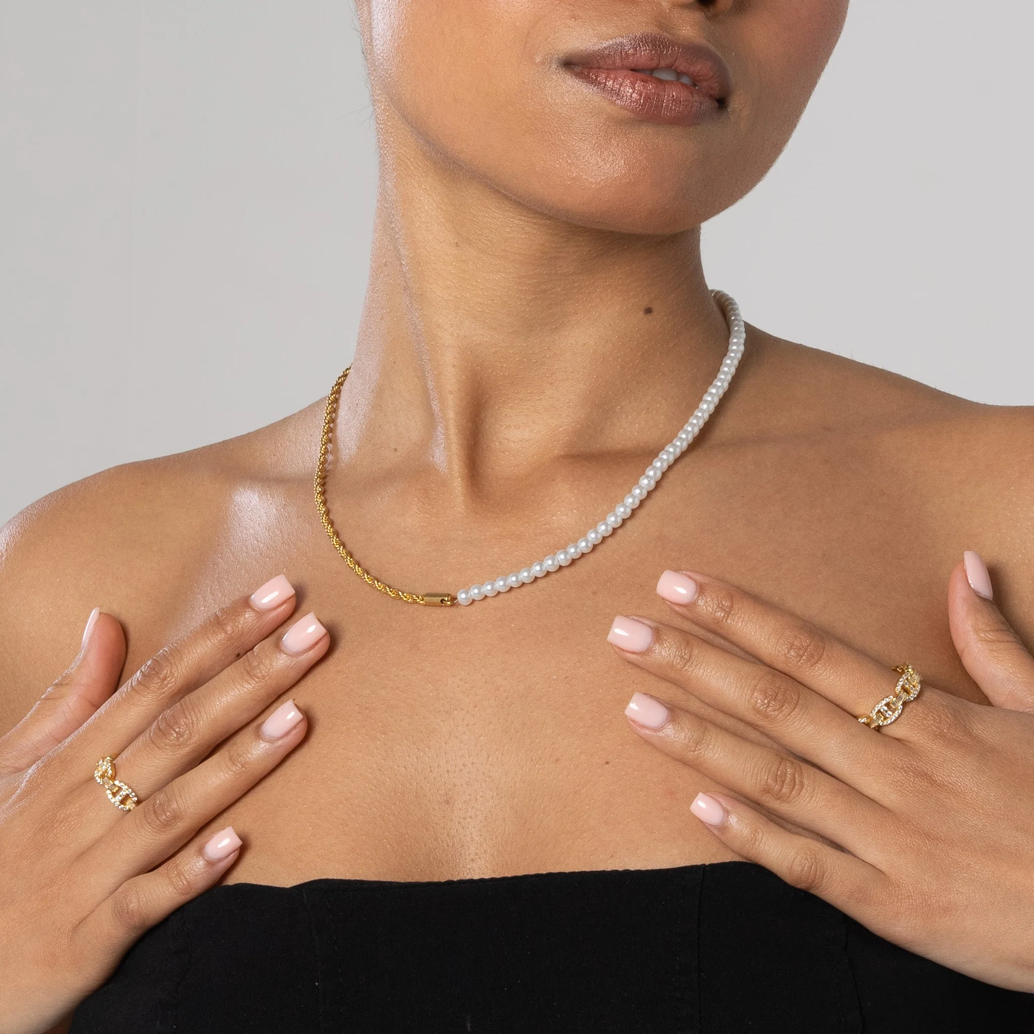 4mm Half Pearl & Rope Necklace - Gold - Image 2