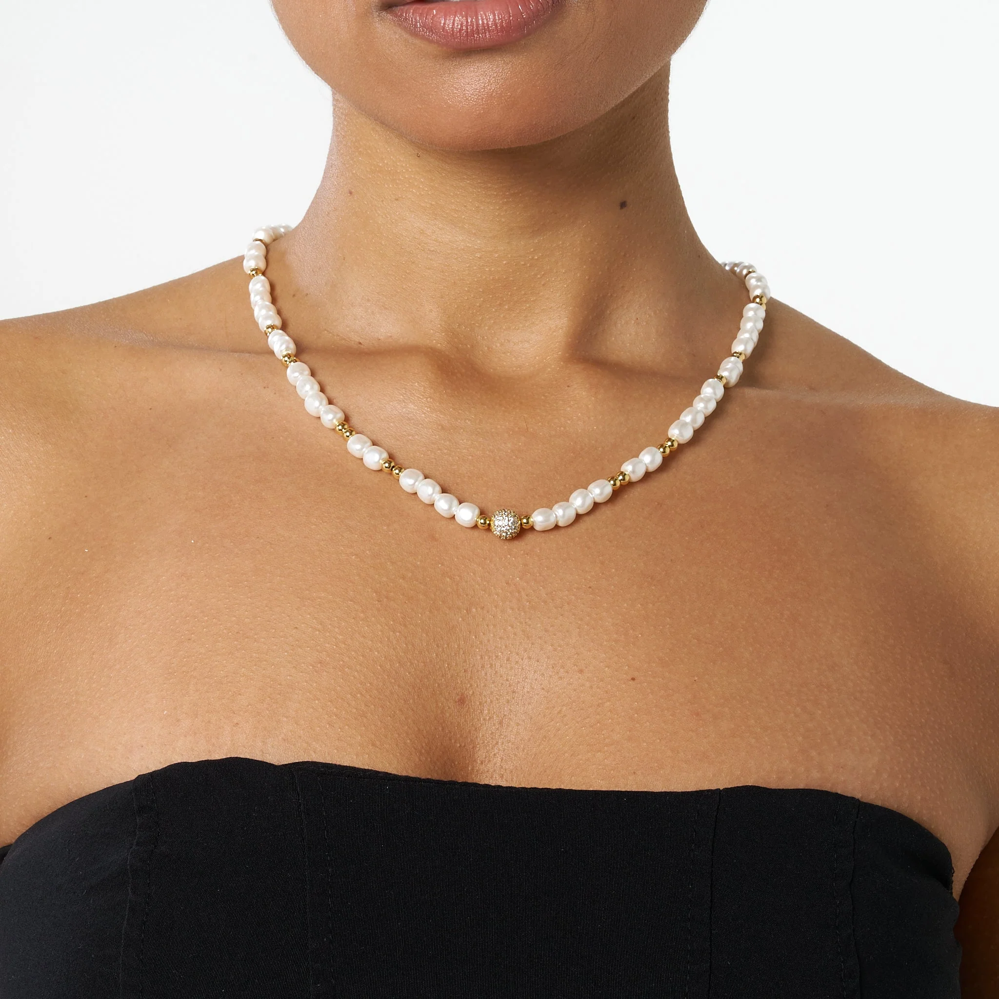 5mm Iced Beaded Pearl Necklace - Gold - Image 3