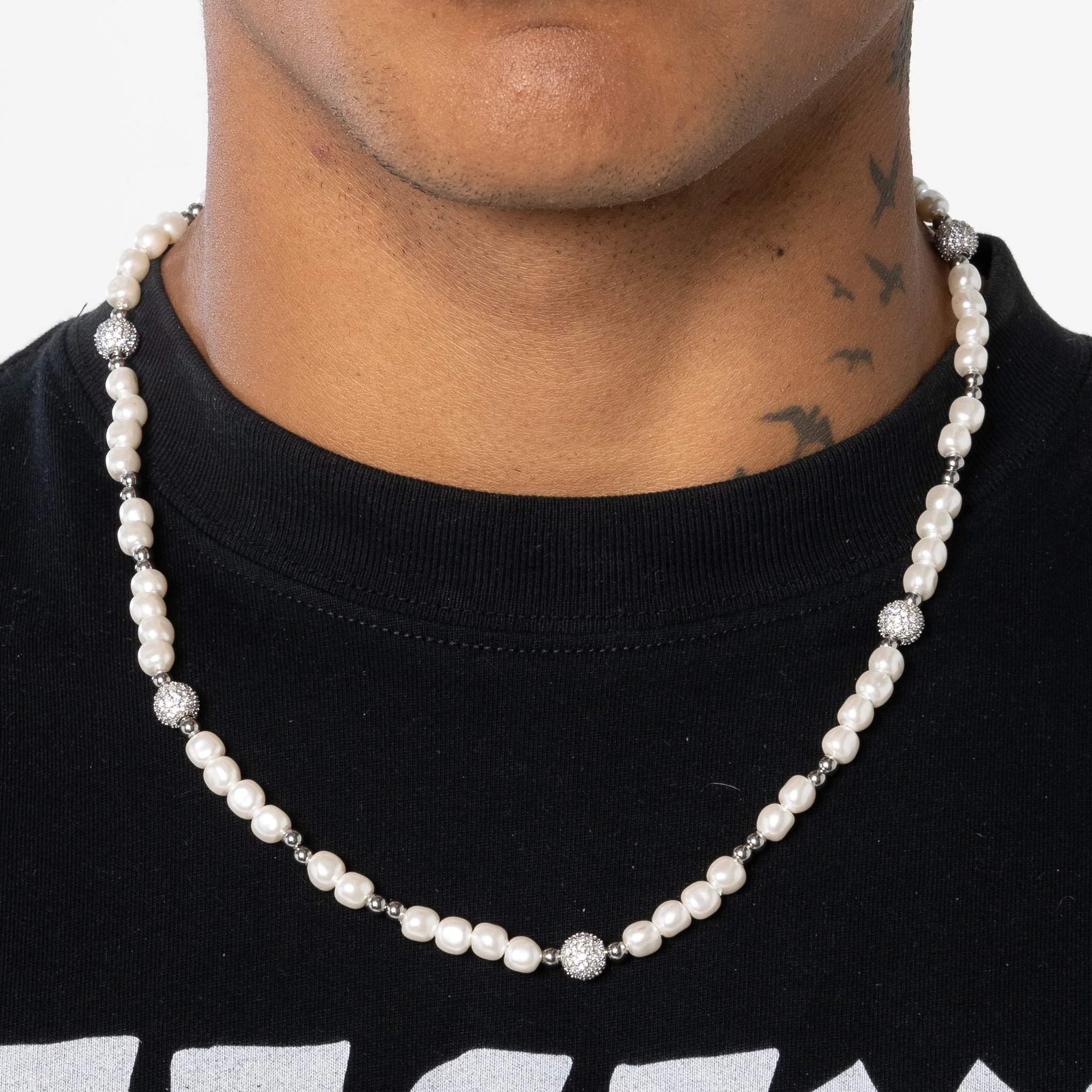 5mm Iced Beaded Pearl Necklace - White Gold - Image 3