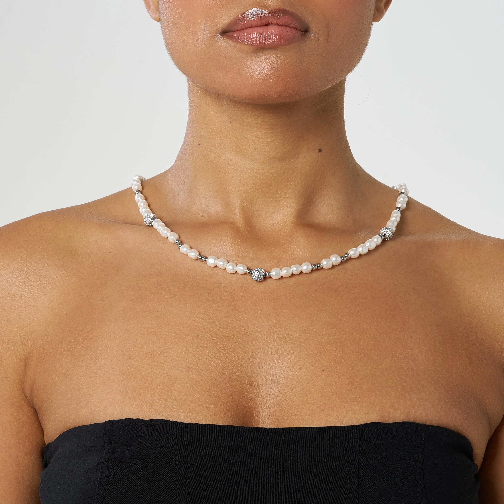 5mm Iced Beaded Pearl Necklace - White Gold - Image 2