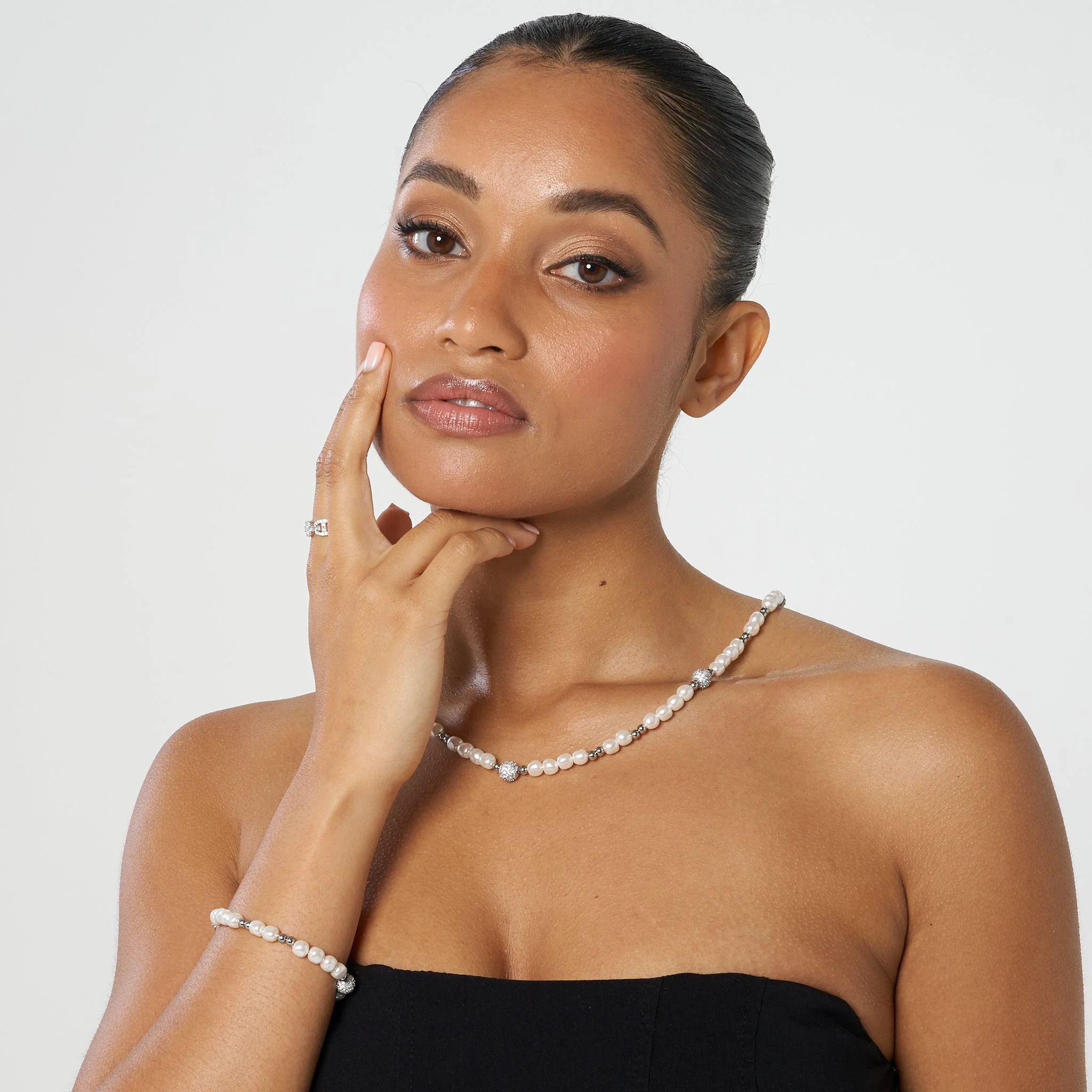 5mm Iced Beaded Pearl Necklace - White Gold - Image 3