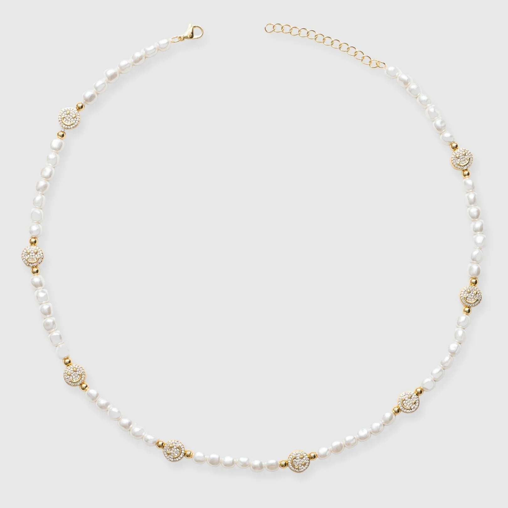 5mm Iced Smiley Face Pearl Necklace - Gold - Image 7