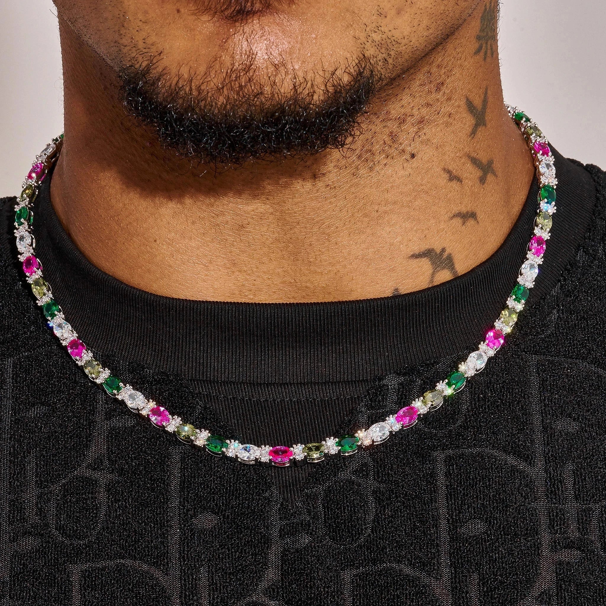 5MM Moissanite Multicolor Mixed Oval Cut Tennis Chain - Silver - D Color - IF