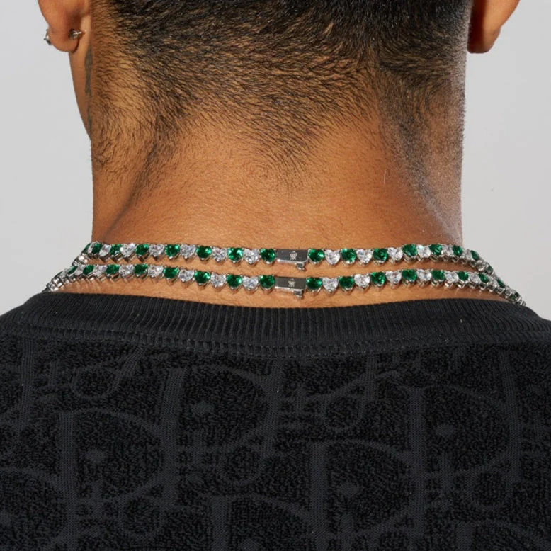 5mm WHITE & GREEN HEART TENNIS CHAIN - WHITE GOLD - Image 4