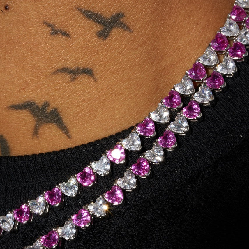 5mm WHITE & PINK HEART TENNIS CHAIN - WHITE GOLD - Image 3