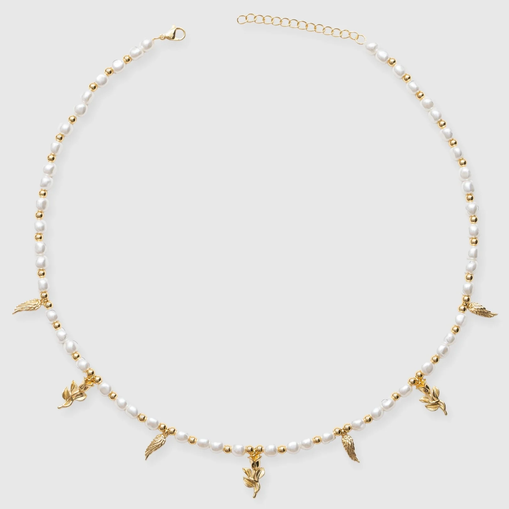 Wings & Roses Beaded Pearl Necklace - Gold