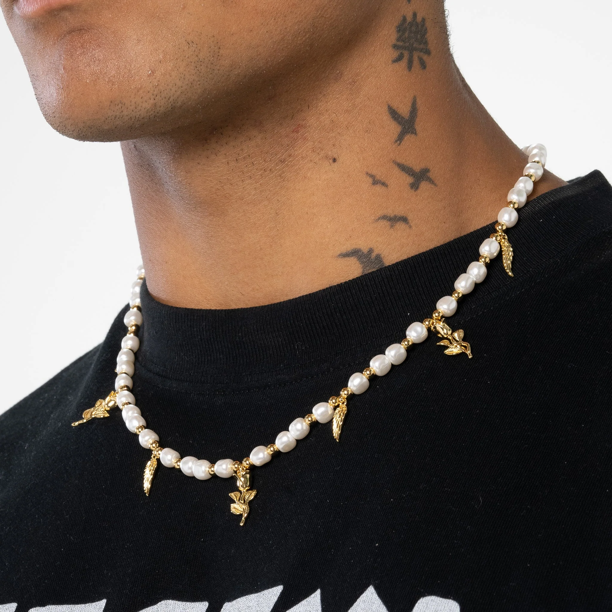 Wings & Roses Beaded Pearl Necklace - Gold - Image 2
