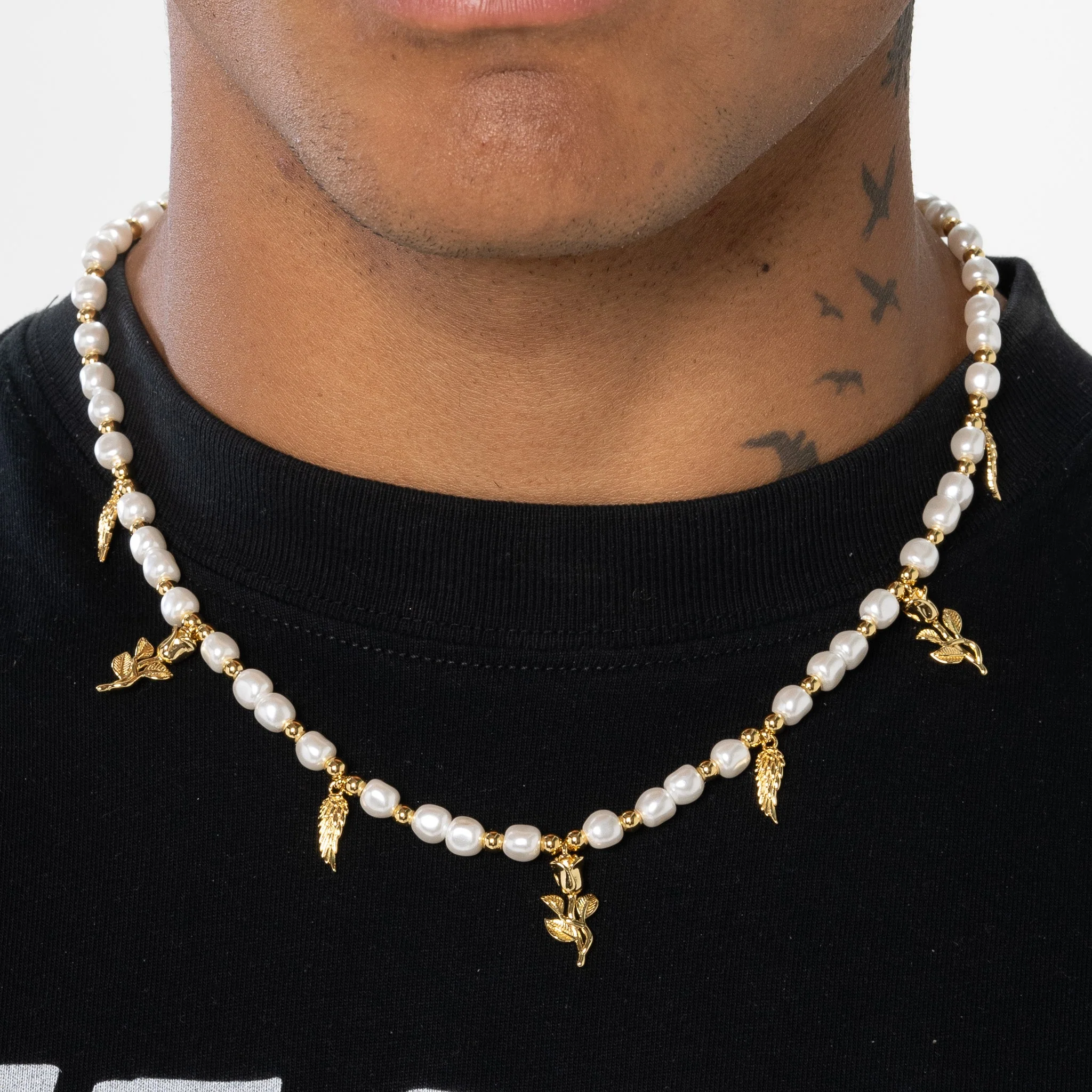 Wings & Roses Beaded Pearl Necklace - Gold - Image 3