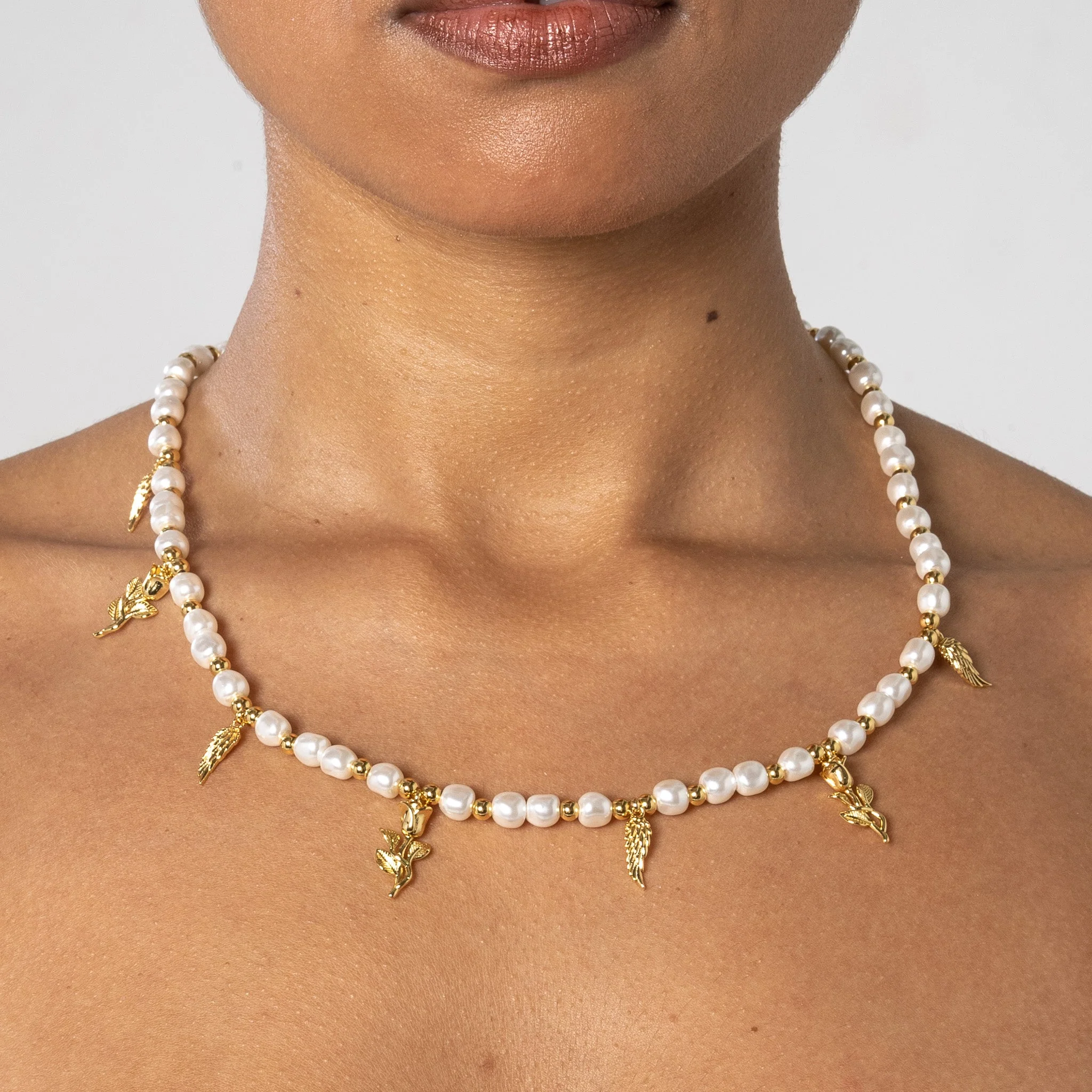 Wings & Roses Beaded Pearl Necklace - Gold - Image 2