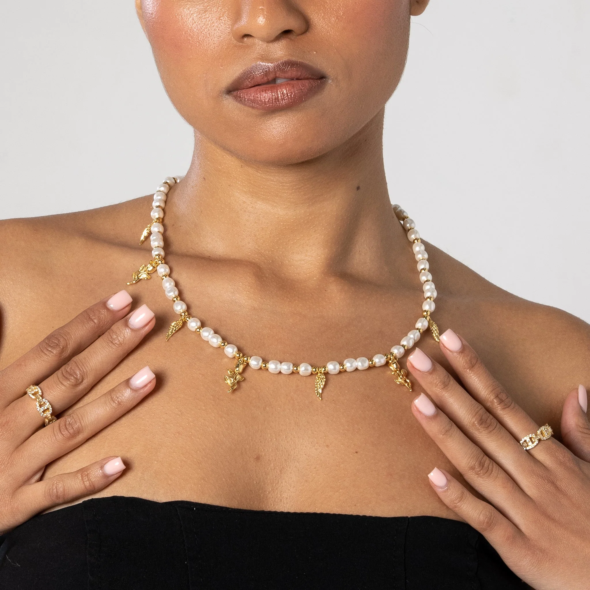 Wings & Roses Beaded Pearl Necklace - Gold - Image 4