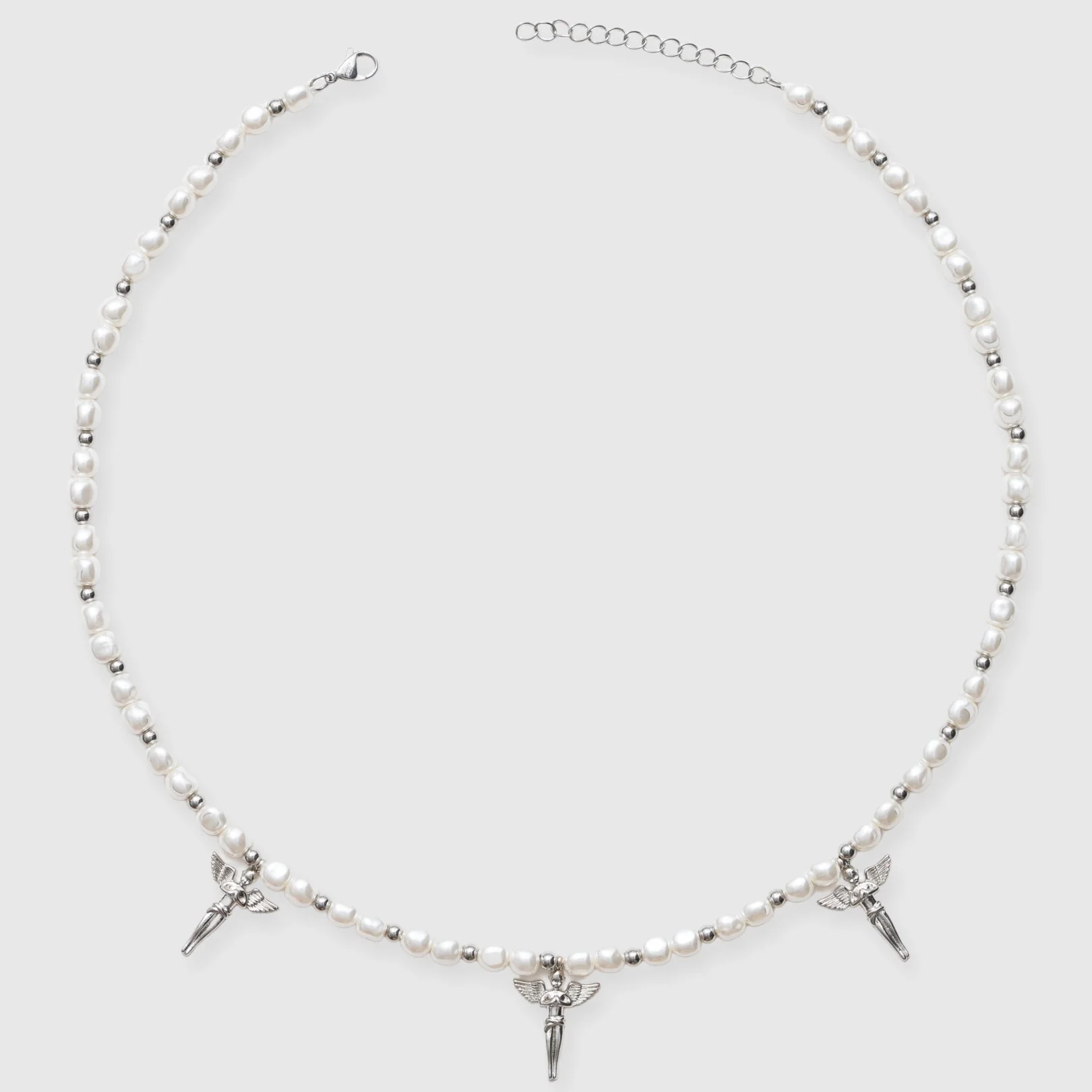 5mm Angels Motif Beaded Pearl Necklace - White Gold