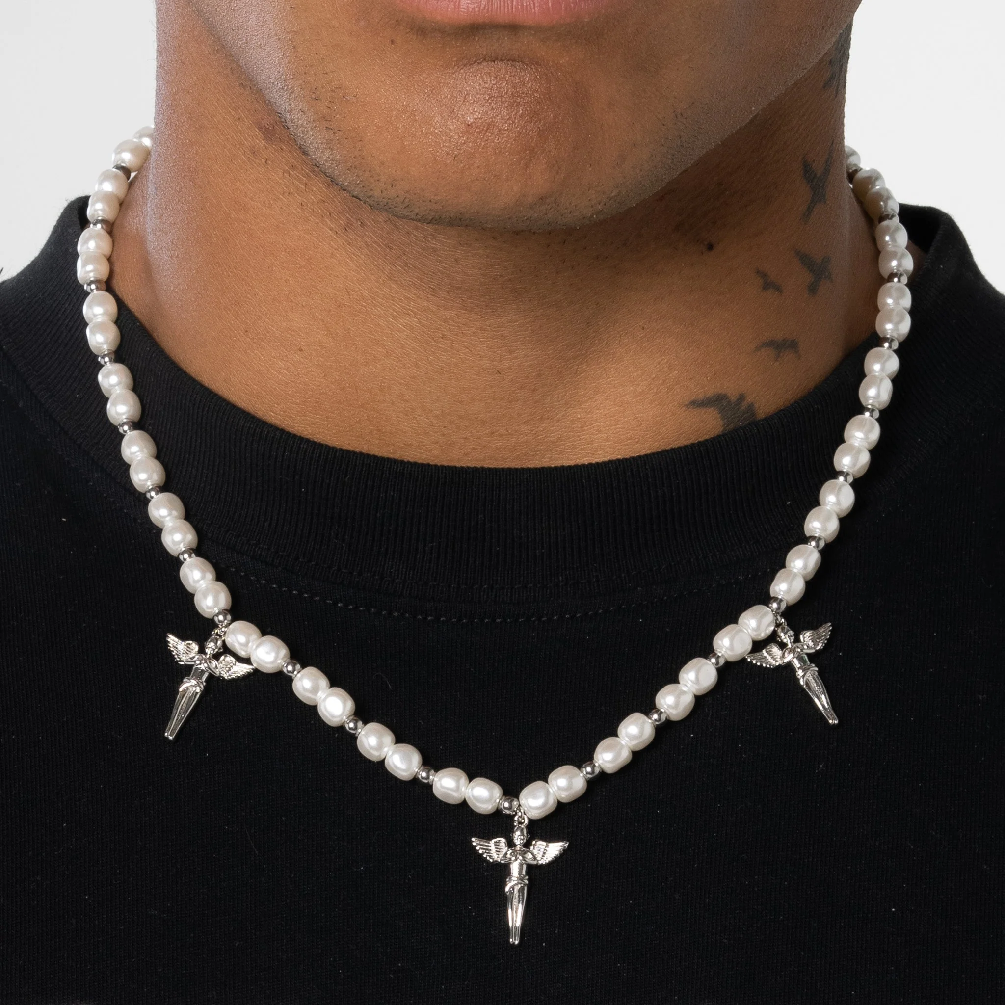 5mm Angels Motif Beaded Pearl Necklace - White Gold - Image 3