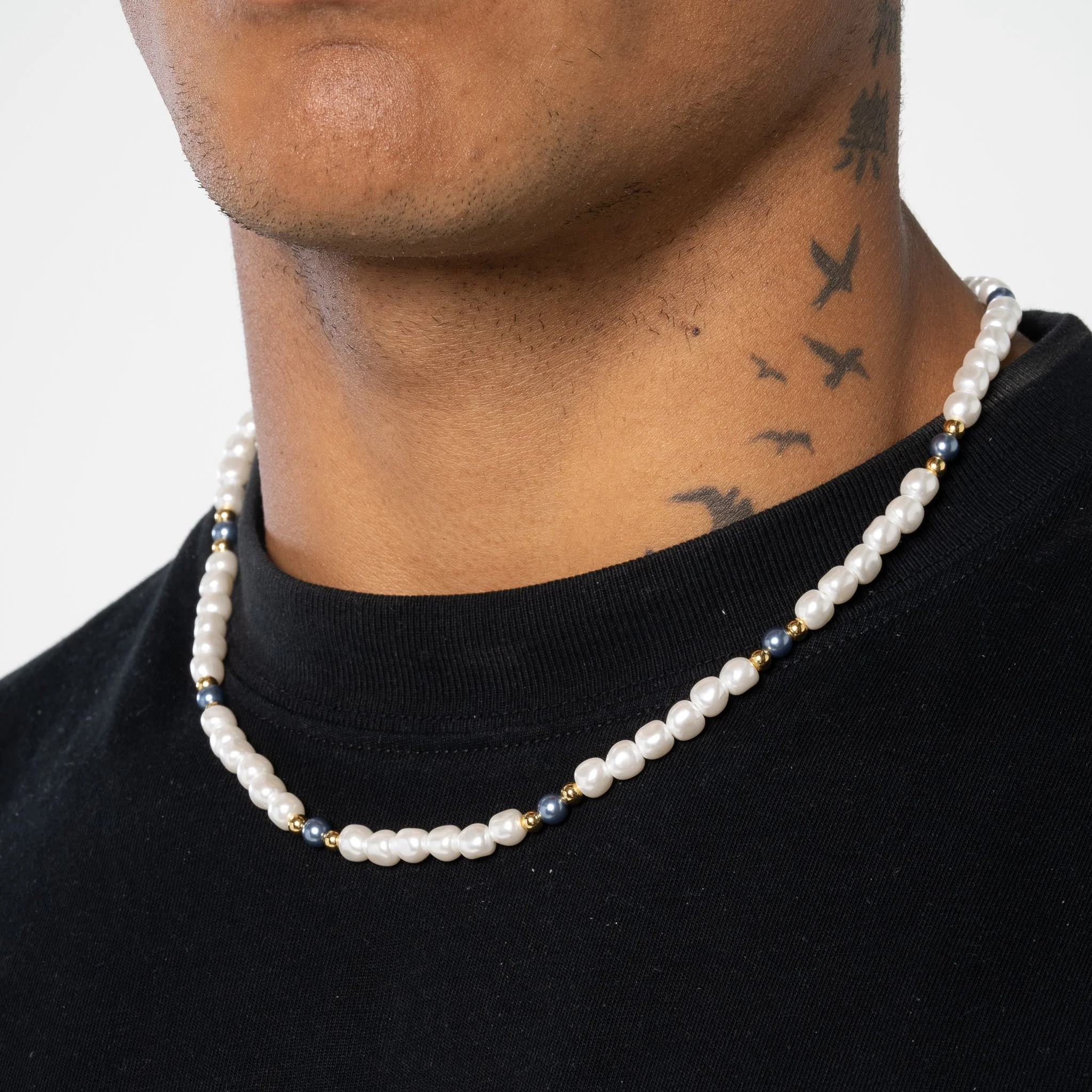 5mm Beaded Two Tone Pearl Necklace - Gold - Image 2