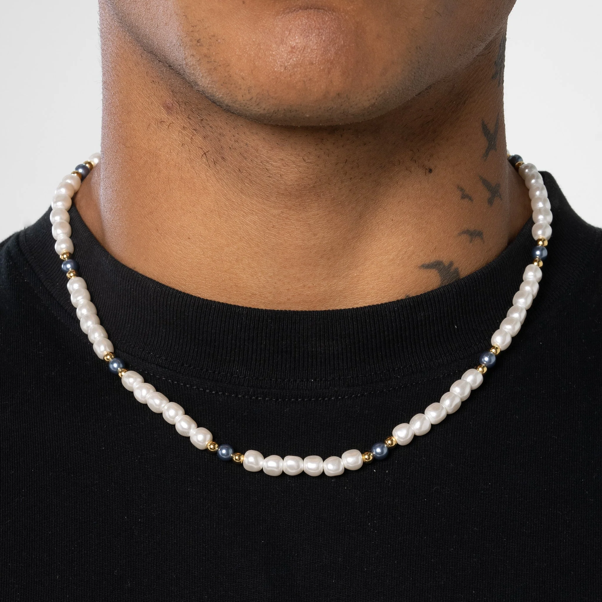 5mm Beaded Two Tone Pearl Necklace - Gold - Image 3