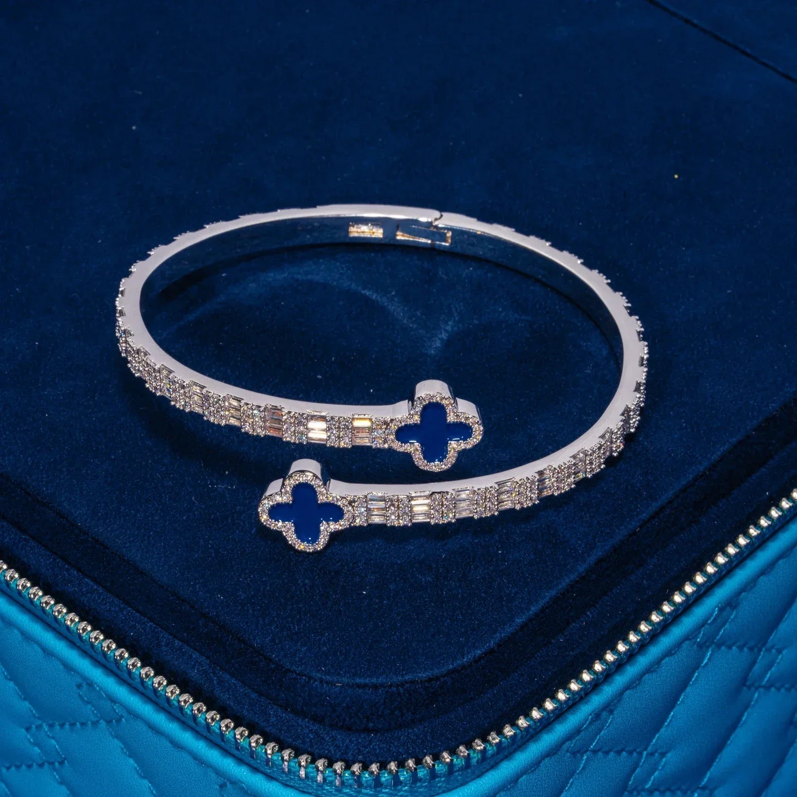 8MM Moissanite Blue Motif Baguette Bangle - Silver - D Color - IF - Image 3