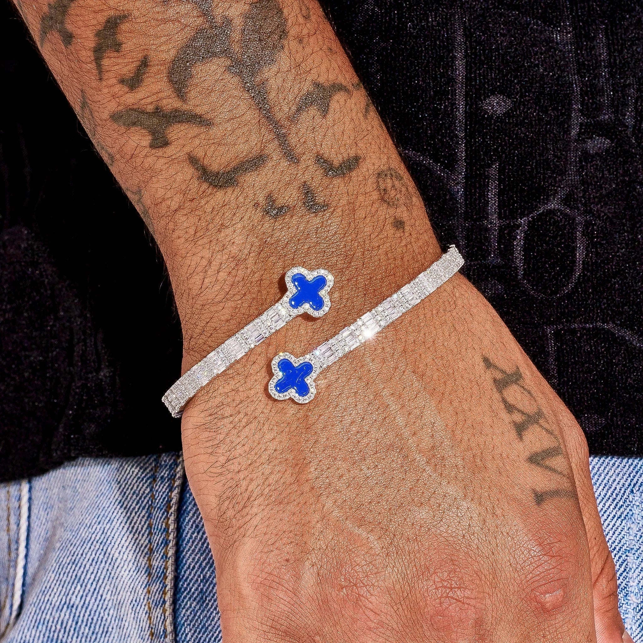 8MM Moissanite Blue Motif Baguette Bangle - Silver - D Color - IF - Image 4