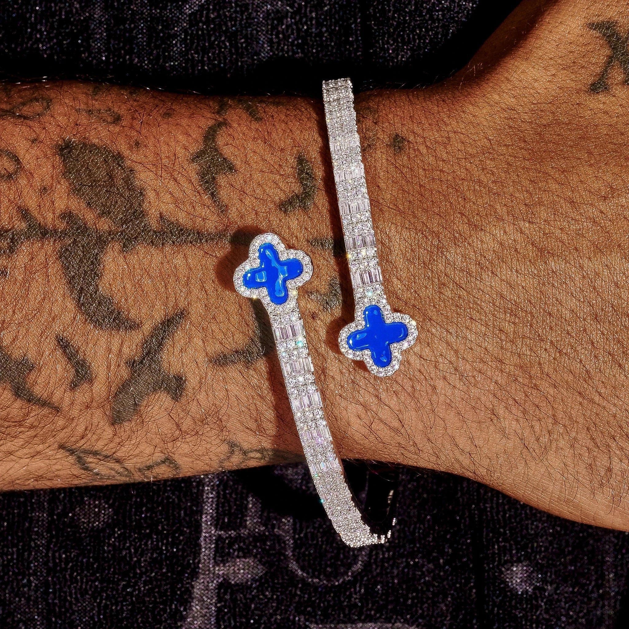 8MM Moissanite Blue Motif Baguette Bangle - Silver - D Color - IF - Image 5