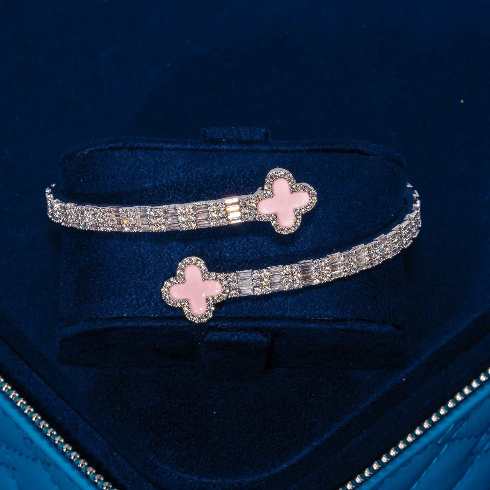 8MM Moissanite Pink Motif Baguette Bangle - Silver - D Color - IF