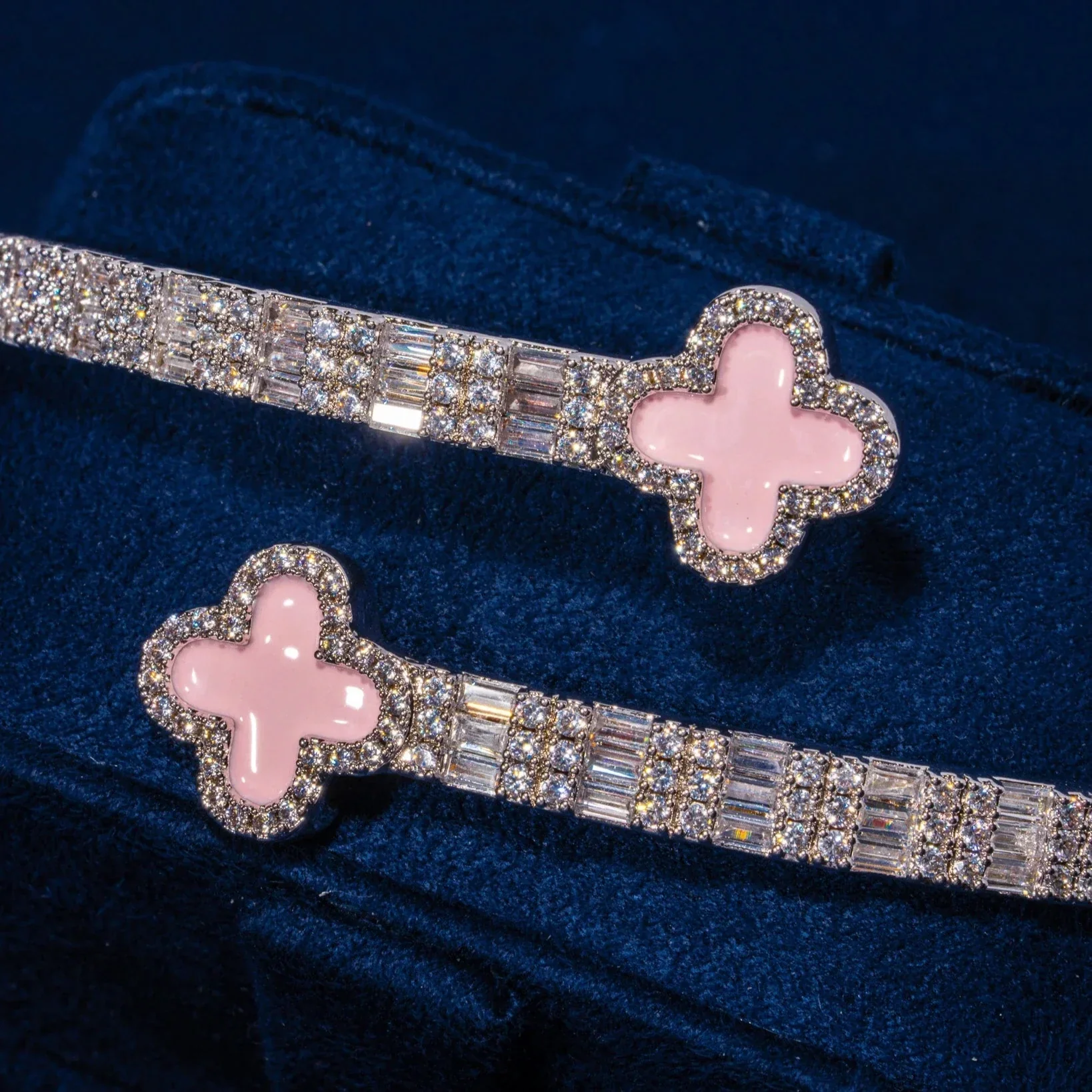 8MM Moissanite Pink Motif Baguette Bangle - Silver - D Color - IF - Image 2