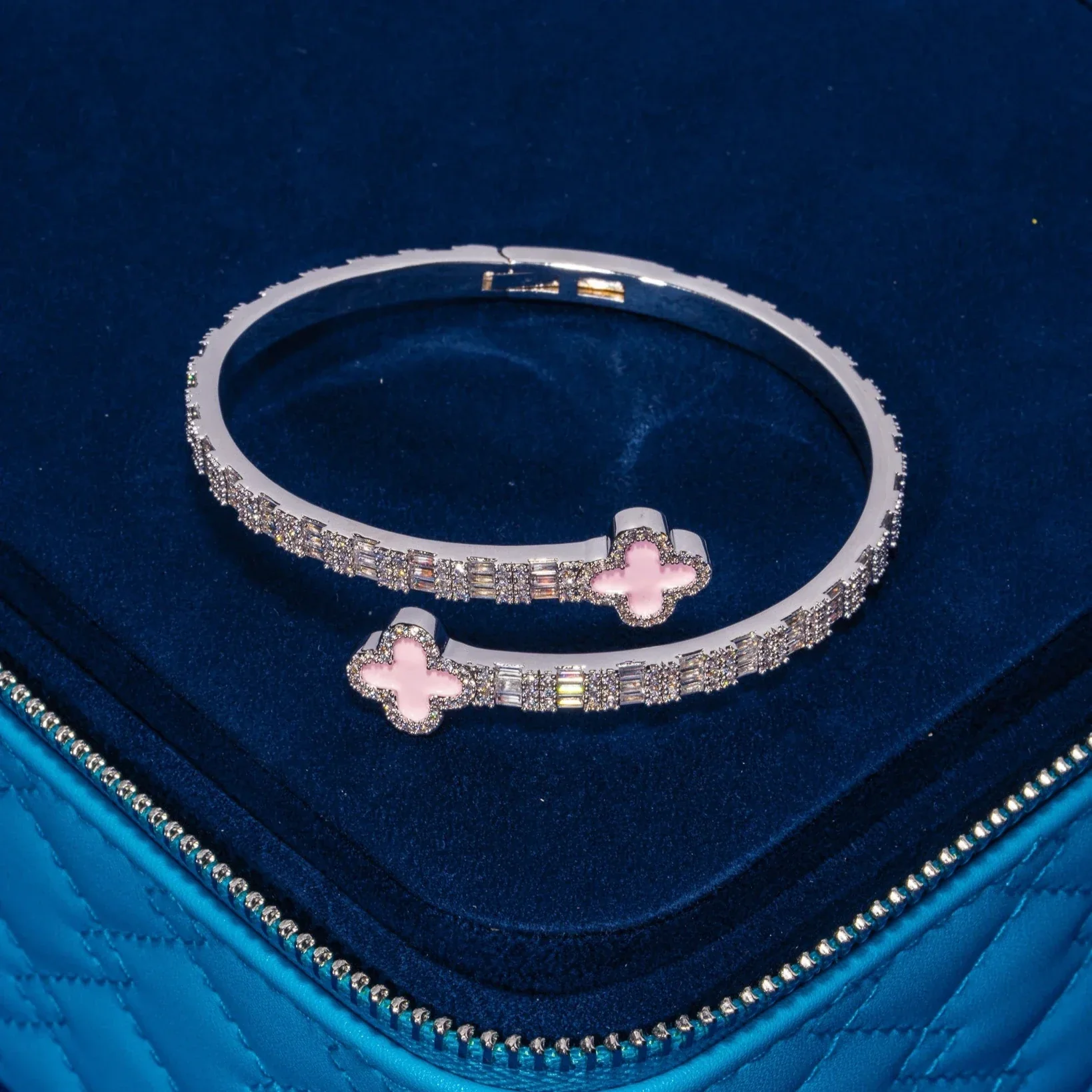 8MM Moissanite Pink Motif Baguette Bangle - Silver - D Color - IF - Image 3