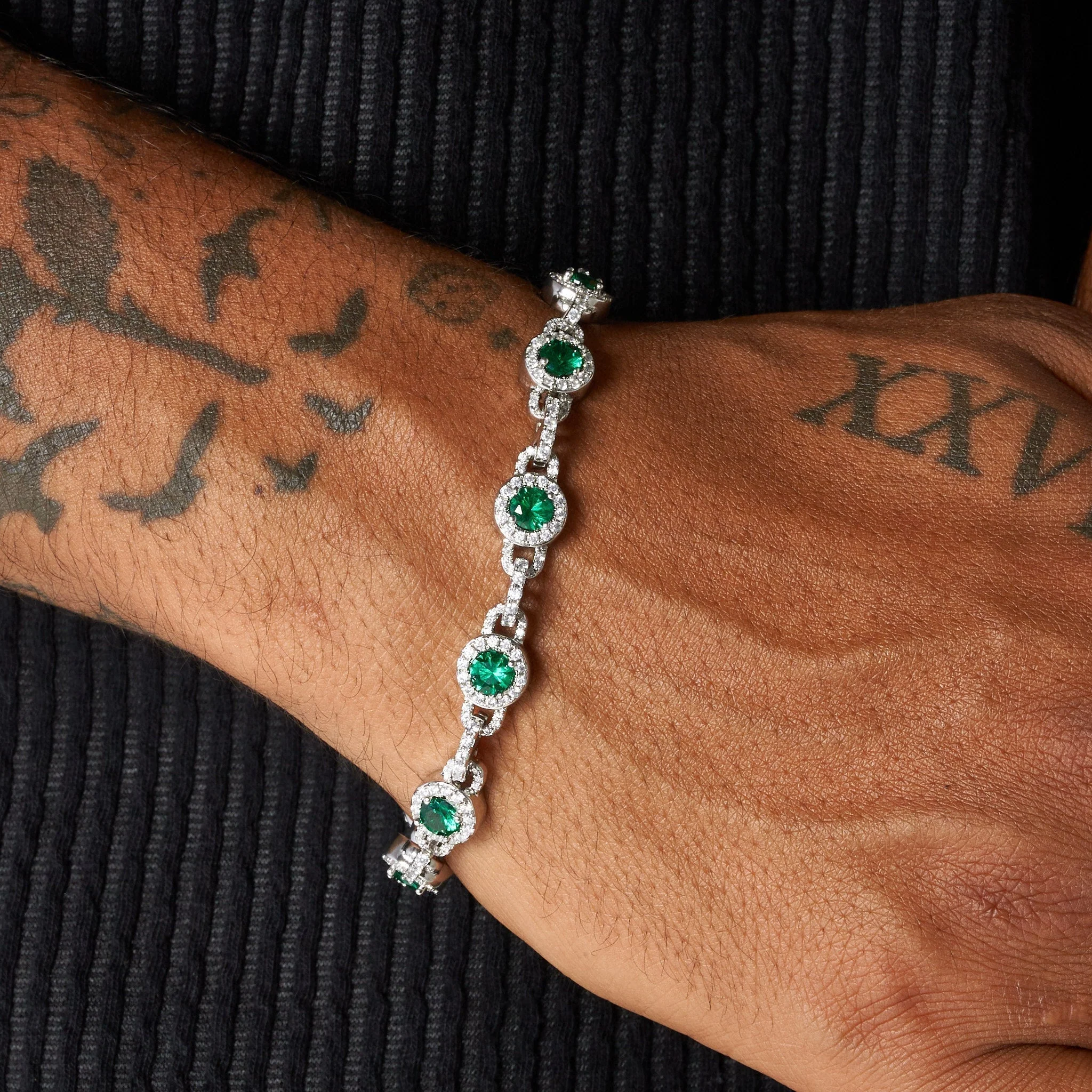 9mm GREEN CENTRE STONE LINK BRACELET - WHITE GOLD - Image 3