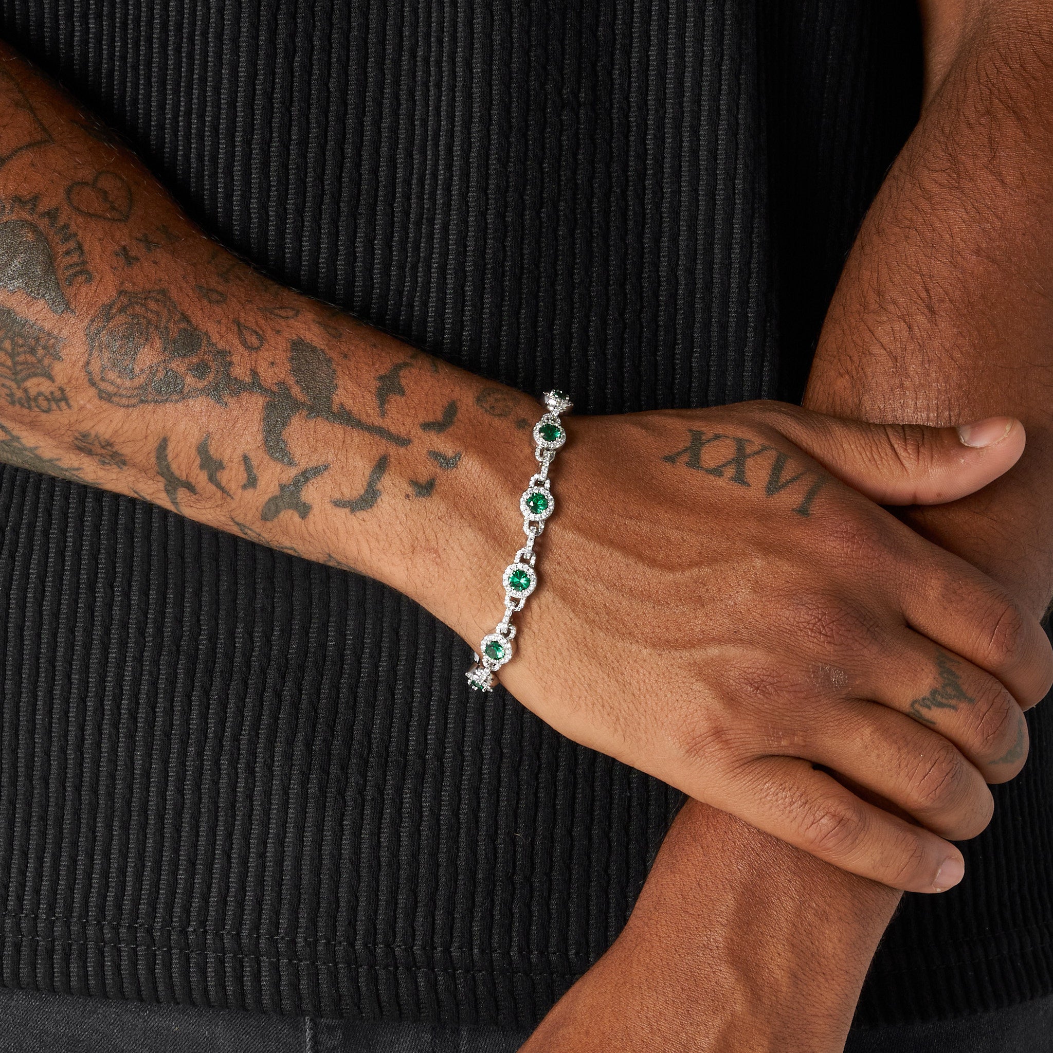 9mm GREEN CENTRE STONE LINK BRACELET - WHITE GOLD - Image 4