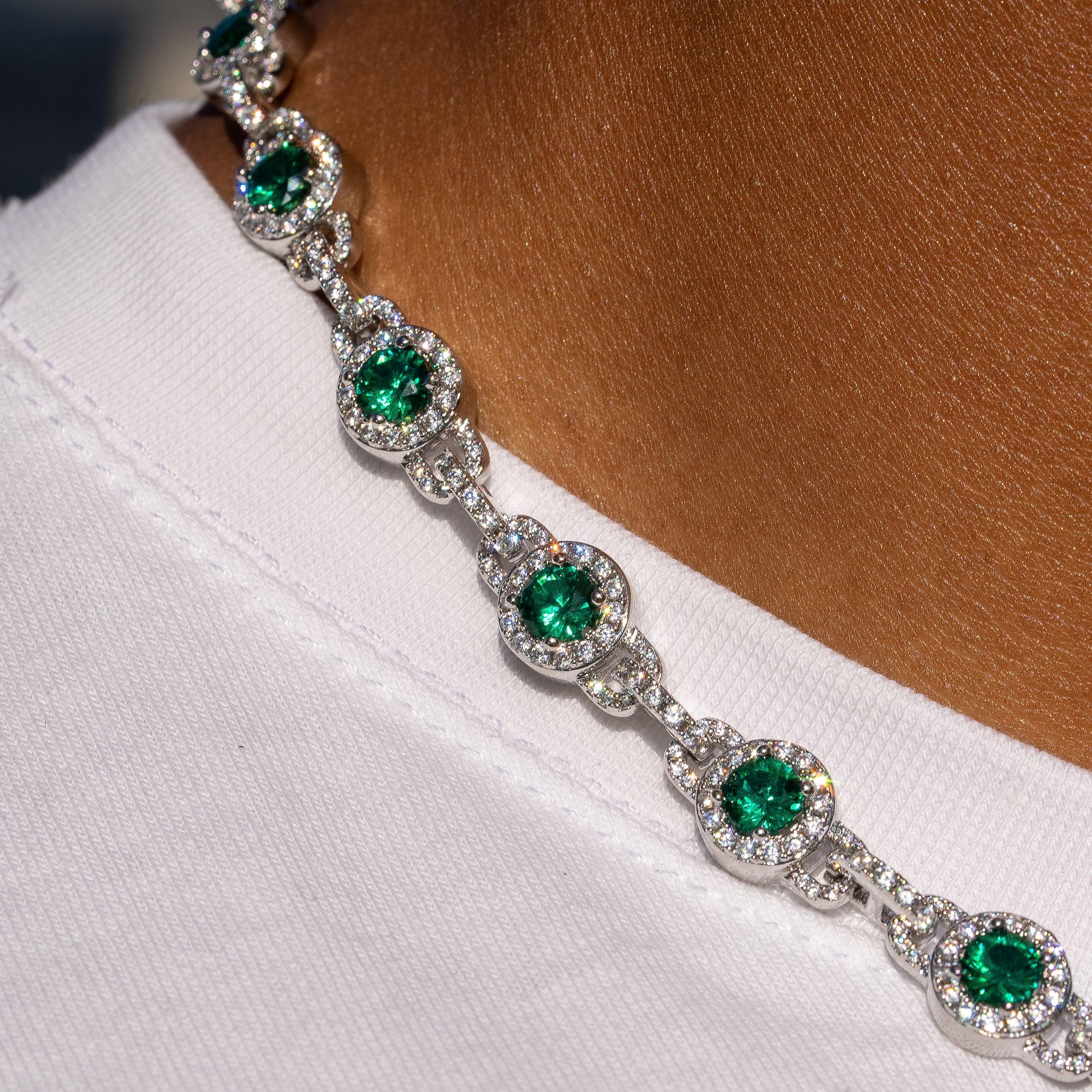 9mm GREEN CENTRE STONE LINK CHAIN - WHITE GOLD - Image 5
