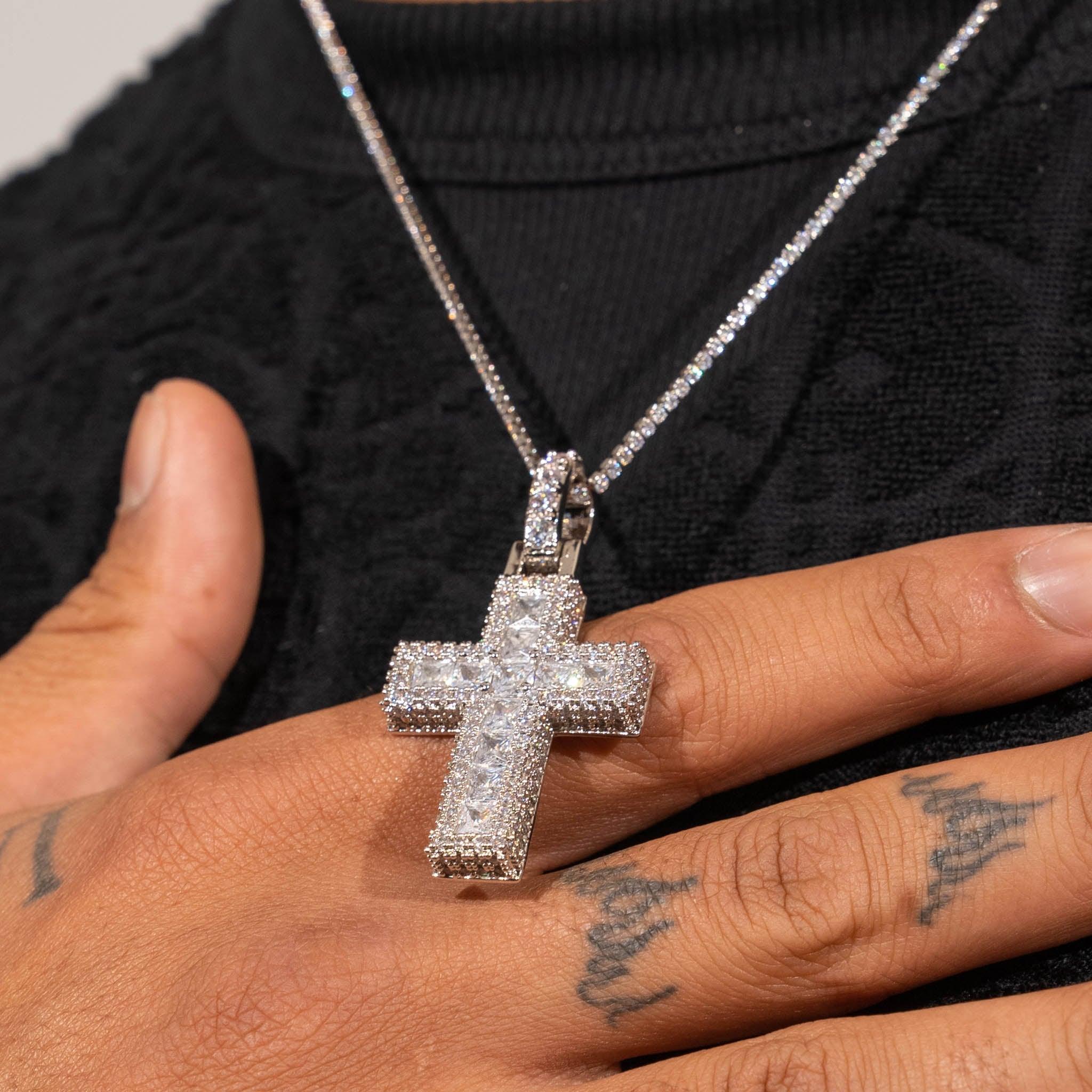 Baguette Cross Pendant - White Gold - Image 2