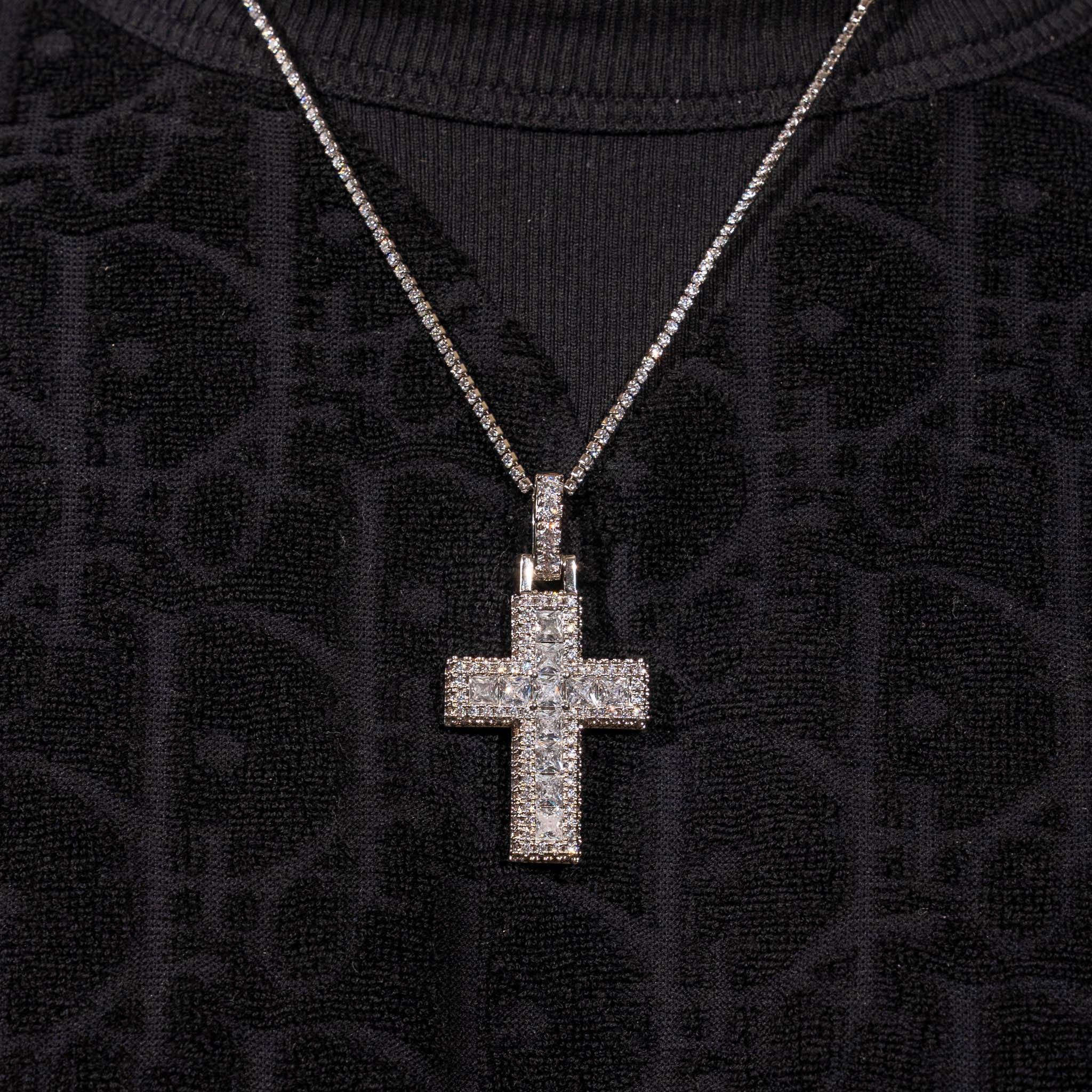Baguette Cross Pendant - White Gold - Image 4