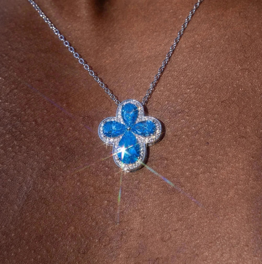 Blue Gemstone Four Leaf Clover Adjustable Necklace- White Gold - Image 2