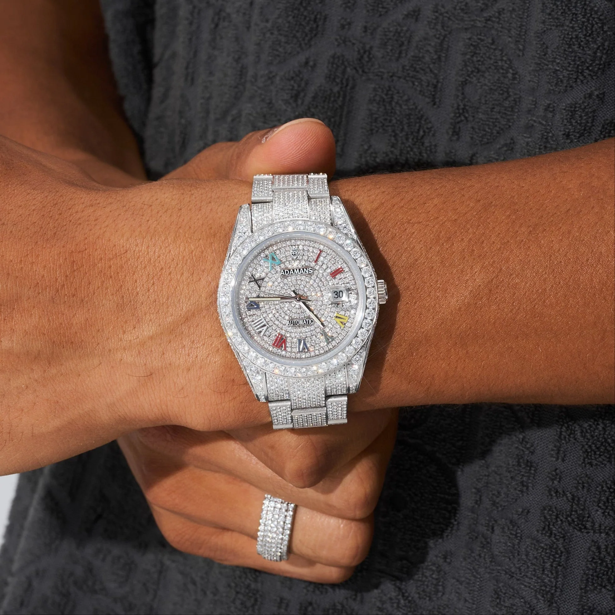 Custom Colored Numeral Dial VVs Diamond Watch - White Gold - Image 2