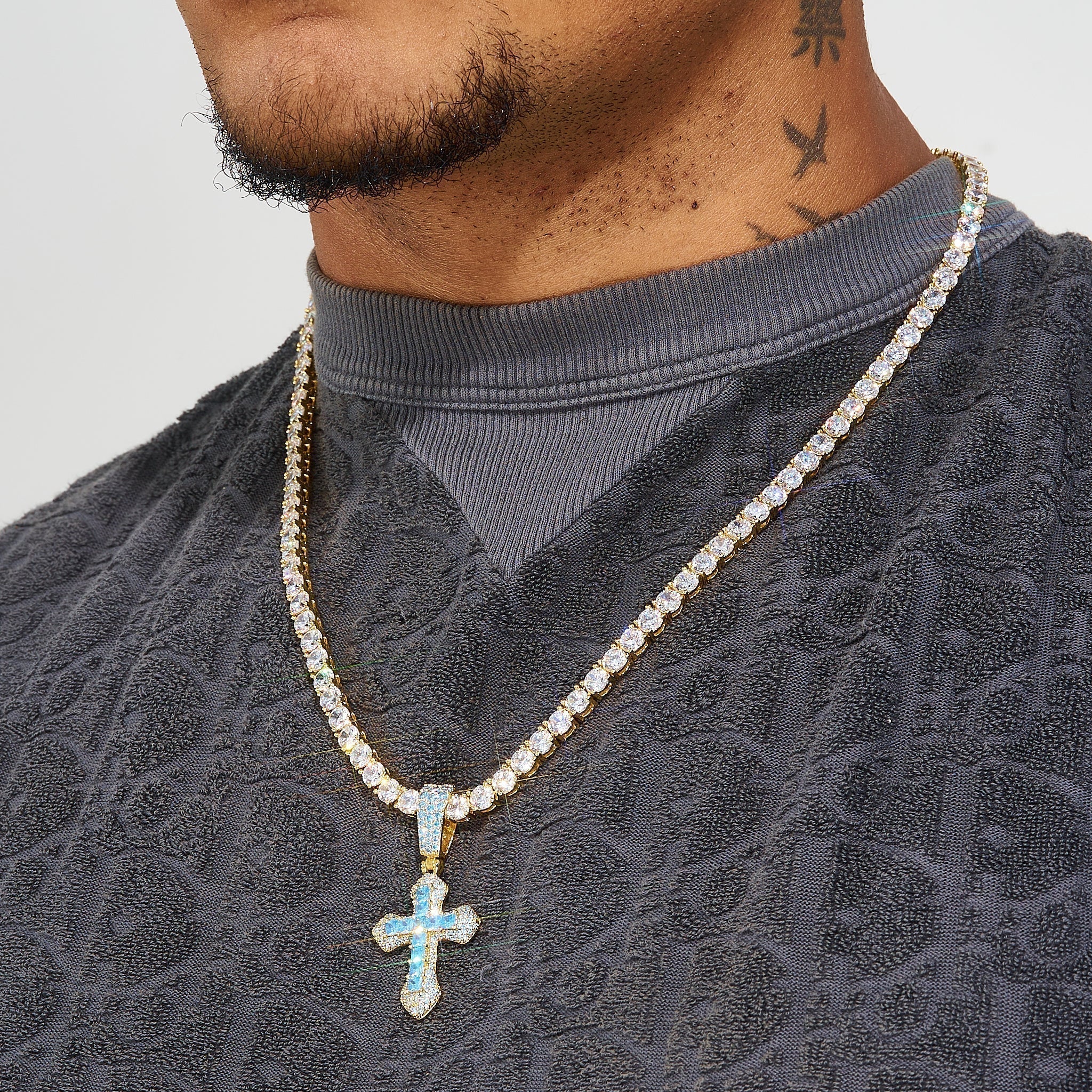 Iced Blue Celtic Cross Pendant - Gold - Image 4